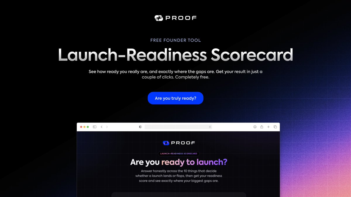 PROOFplatform's tweet photo. Think your token is ready to launch?

Prove it.

Get your Launch-Readiness Score in 3 minutes. Completely free!