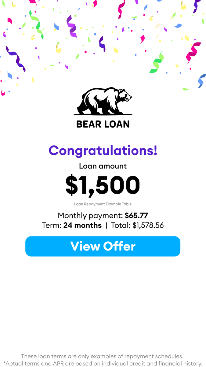 TheBearLoan's tweet photo. 💼Need a loan you can trust? We offer exclusive options with competitive terms — tailored for your needs. Apply today!

*Loan terms shown in the ad are examples. Actual terms and APR depend on credit and financial history. No guarantee of approval.