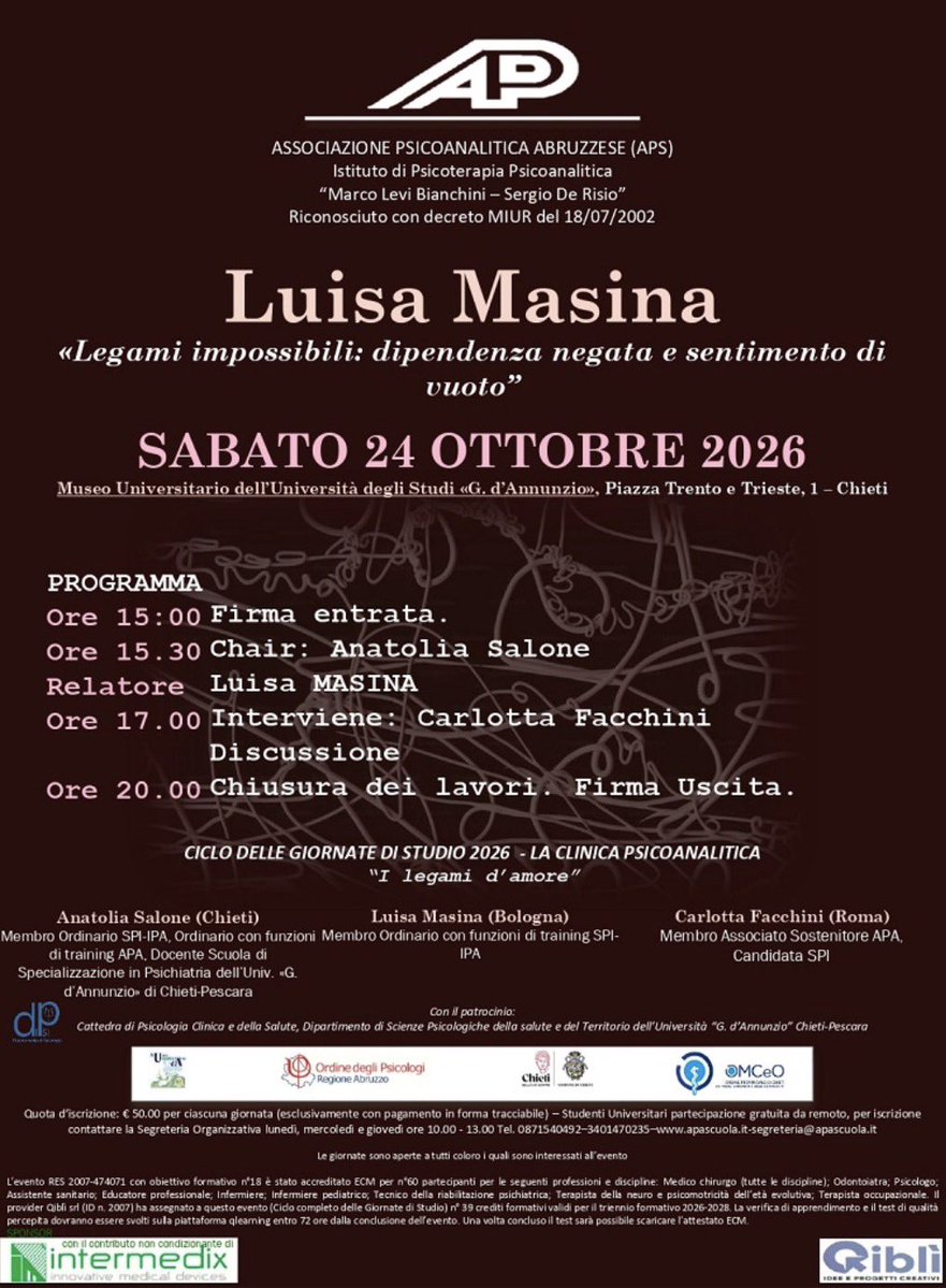 PsicoanalAssoc's tweet photo. «Legami impossibili: dipendenza negata e sentimento di vuoto» 
Per info e iscrizioni: https://t.co/PnCdN3cRRd https://t.co/6O1QHLtYFe