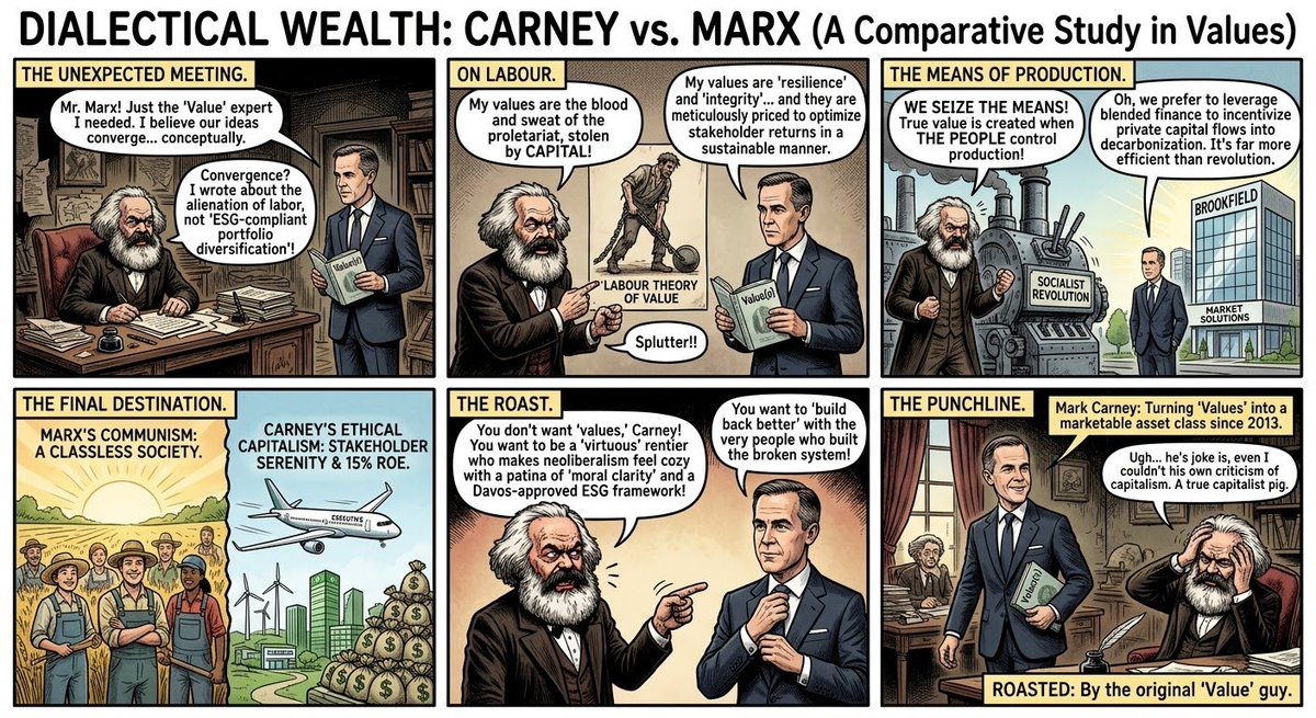 DSki5257's tweet photo. That awkward moment when the literal author of the Labour Theory of Value tells you your ESG portfolio is just neoliberalism with better PR. 😬 Look out, Mark, Karl is not a stakeholder you want to alienate.
​#MarkCarney #KarlMarx #Values #ESG #EconomicsHumor #PoliticalComic #StakeholderCapitalism #CapitalistPig (Marx's words, not ours! 😉)