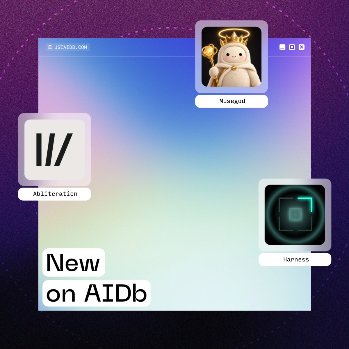 useaidb's tweet photo. There's always something new
to experiment with...

@tryharness - Turn agents you already use into your personal swarm.

@abliteration_ai - Unrestricted AI for high-risk work.

@musegod_rh - 999 muses, each with a soul of its own.

Discover your AI:
https://t.co/yTH4X3p77z https://t.co/YmRpir8L2M
