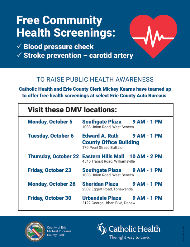 ErieCountyClerk's tweet photo. Going to the Auto Bureau could do more than renew your license—it could help save your life.♥️
🩺The @ErieCountyClerk & Mercy Hospital are offering FREE blood pressure & stroke prevention screenings at select Auto Bureaus leading up to #WorldStrokeDay, Oct. 29.
#KnowYourNumbers https://t.co/iFt8GgyuPK