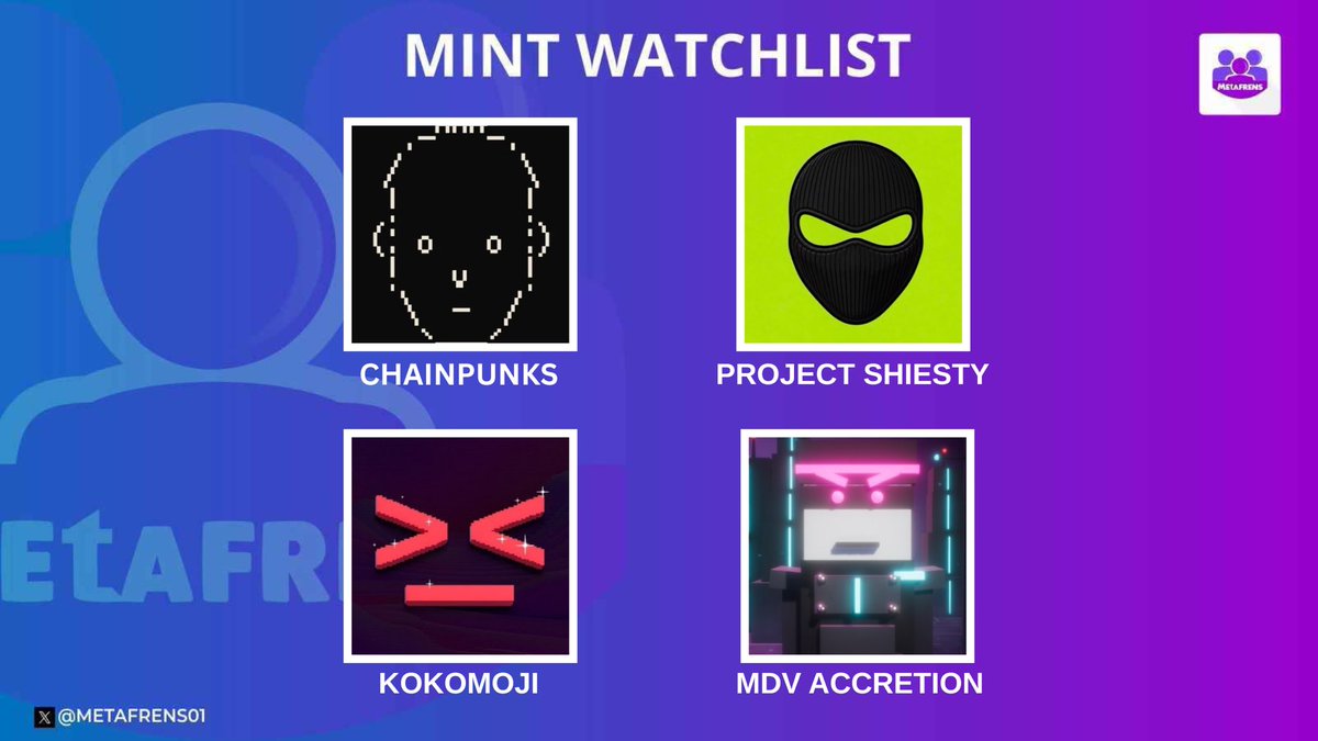 Metafrens01's tweet photo. Hello Frens 💜

Here are some interesting NFT mints we have our eyes on for the week:

➢ CHAINPUNKS @ChainPunksNFT 
CHAIN: ETHEREUM 
SUPPLY: 3333
MINT PRICE: FREE 
MINT DATE: 5TH OCTOBER, 1 PM UTC.

➢ PROJECT SHIESTY @ProjectShiesty 
CHAIN: ROBINHOOD 
SUPPLY: 3333
MINT PRICE: FREE
MINT DATE: 6TH OCTOBER, 3 PM UTC.

➢ KOKOMOJI @Kokomojinft 
CHAIN: ETHEREUM 
SUPPLY: 3333
MINT PRICE: 0.01 ETH
MINT DATE: 7TH OCTOBER.

➢ ACCRETION @mdv_btc 
CHAIN: ETHEREUM 
SUPPLY: 3333
MINT PRICE: 0.003 ETH
MINT DATE: 8TH OCTOBER. 

Disclaimer: This post is intended for informational and educational purposes; thus should NOT BE TAKEN as financial advice.

Kindly give us a follow, like, and RT if you enjoyed reading💜

Which upcoming mints are you most excited about?