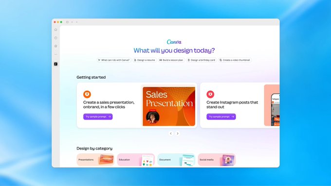 Screenshot of the Canva design homepage showing the prompt 'What will you design today?' with featured options for sales presentations and Instagram posts.