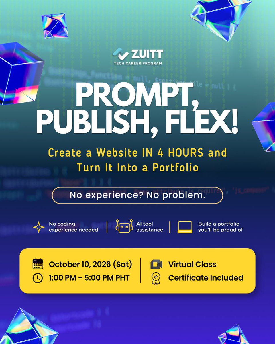 zuittco's tweet photo. CREATE A WEBSITE IN 4 HOURS AND TURN IT INTO A PORTFOLIO!  HOW TO SECURE YOUR SPOT: 

1. Register here: https://t.co/1ypcAixxtt 2. Take the Quiz 
3. Check your inbox for your slot confirmation  

#Zuitt #Free #TechCareer #WebDev #AI #PortfolioProject #FreeCodingBootcamp https://t.co/HPxOFg8q5y