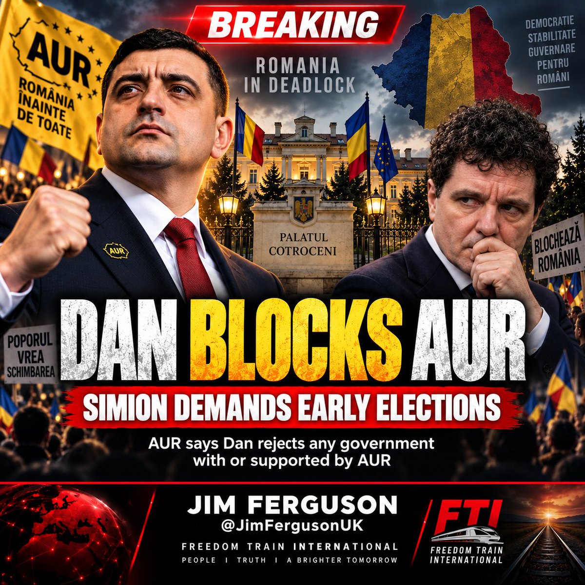 JimFergusonUK's tweet photo. 🚨 ROMANIA — AUR ACCUSES PRESIDENT DAN OF BLOCKING DEMOCRACY

The confrontation at Cotroceni has just escalated.
AUR’s delegation has emerged from talks with President Nicușor Dan accusing him of blocking the party from government.

Dan Dungaciu says the president has made clear he will accept neither a government containing AUR nor one supported by AUR.

That is the heart of the crisis.

Three prime-ministerial nominations have already failed in five months.

AUR represents millions of Romanian voters — yet the president continues trying to build a government around them rather than with them.

George Simion is now calling for early elections.
And after today’s meeting, AUR’s position is becoming harder:

If the political establishment cannot form a stable government while excluding one of the country’s largest political forces, then return the decision to the Romanian people.

How long can this deadlock continue before voters are finally allowed to decide again?