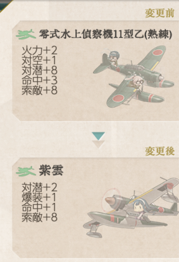 Ad_Sigma_'s tweet photo. 色々調べた感じ、将来的に索敵値で苦しむ可能性あるなぁ。
索敵値の高い偵察機がこの２つくらいしかないし、水上観測機の改修しようかな。うーん。
羅針盤で苦しむのは一番避けたい。 https://t.co/MIWRYmrge0