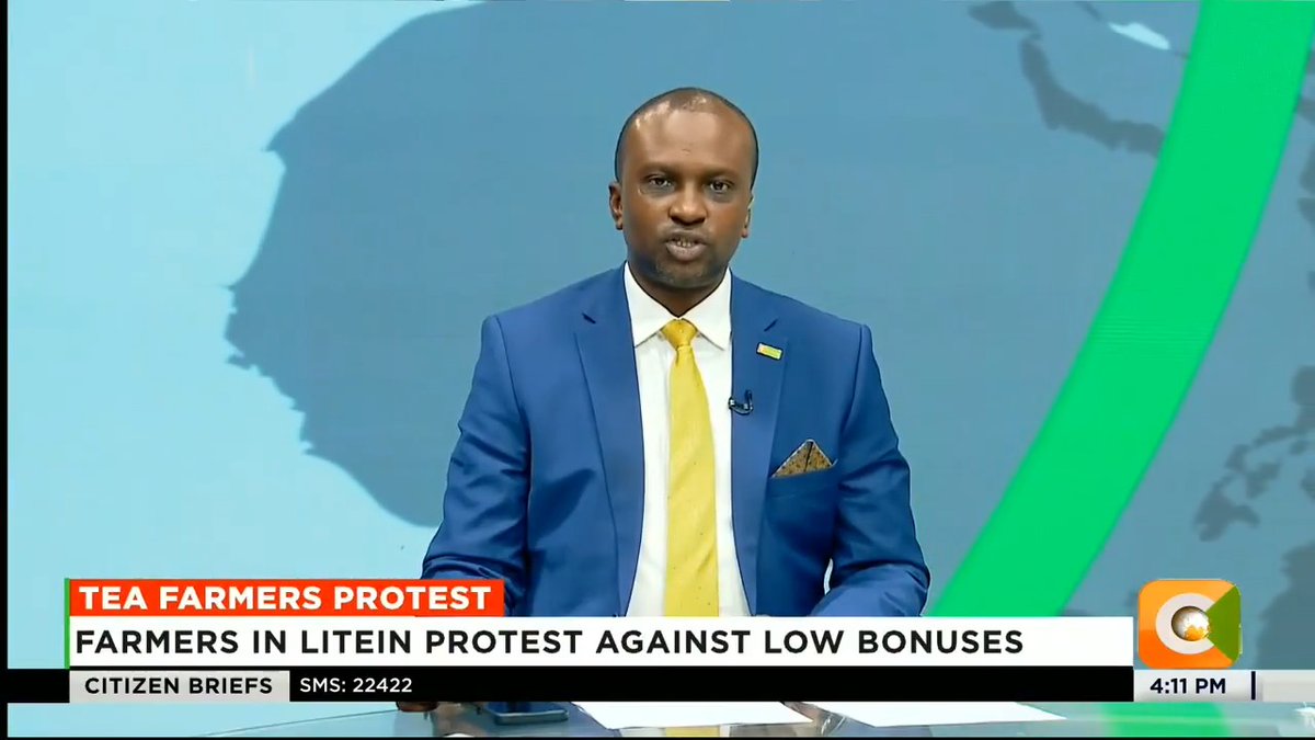 A news anchor in a blue suit and yellow tie presents a "Citizen Briefs" segment at 4:11 PM, with the chyron reading "TEA FARMERS PROTEST: FARMERS IN LITEIN PROTEST AGAINST LOW BONUSES," directly corresponding to the accompanying post about the Litein farmer demonstrations.