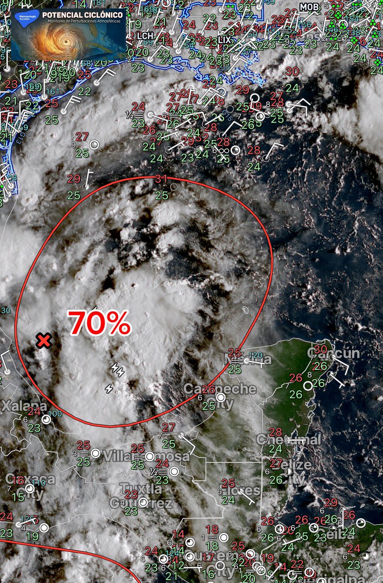 ClimaYucatan's tweet photo. 🌀⚠️ Atención!!

Se incrementa a 70% la probabilidad de desarrollo ciclónico en el Golfo de México.

Estén atentos de nuestros análisis y actualizaciones. https://t.co/ylElFZ6bPr