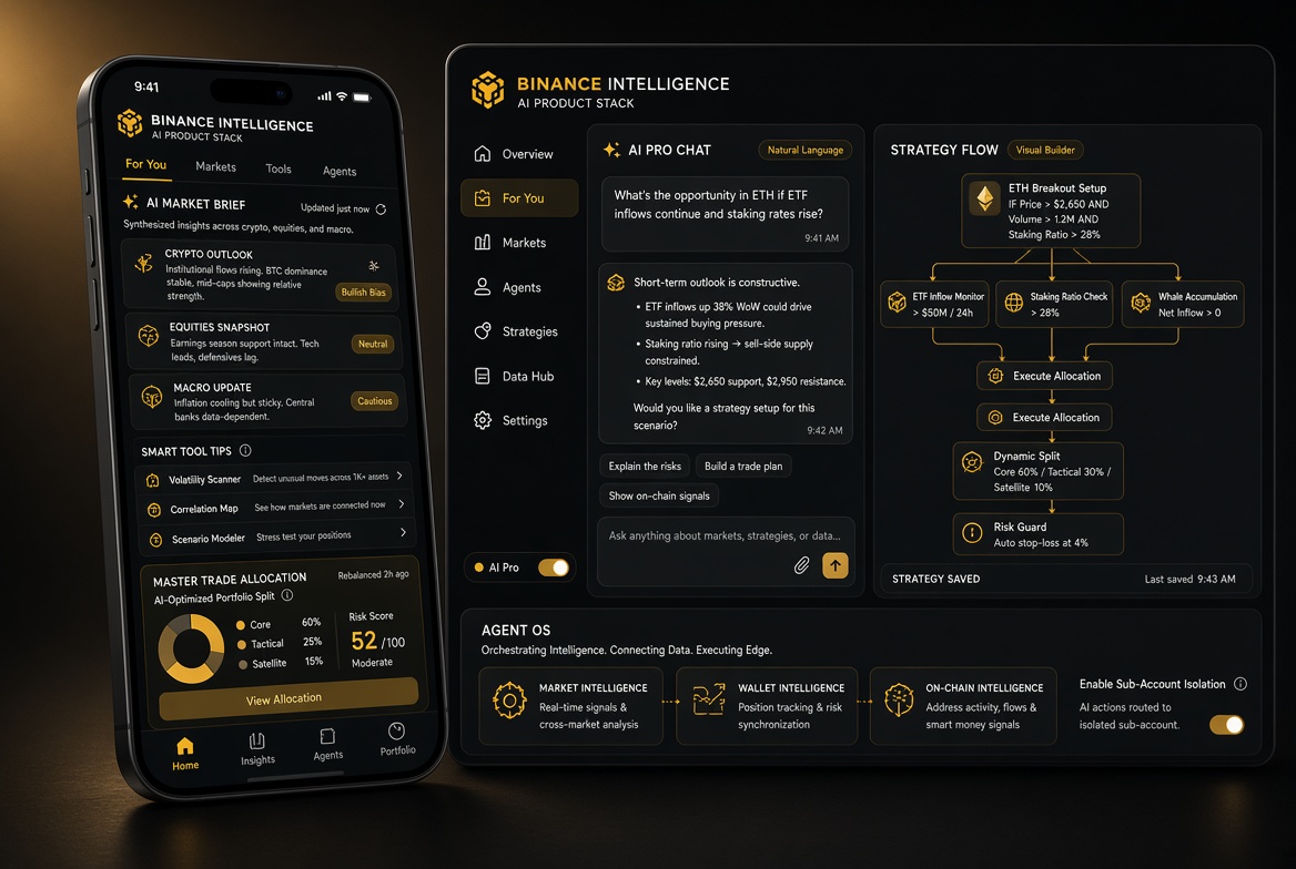 klys7788's tweet photo. 币安用户的福利又来了！

币安在刚才直播中正式发布了 AI 产品栈 Binance Intelligence。

官方定位是：把金融信息变得更容易理解、更容易据此行动，缩小普通用户和专业交易者之间的差距。Teng 的原话大意是，金融一直是为已经懂它的人设计的，Binance Intelligence 要在用户已经在用的币安 App 里，给每个人一个智能伙伴。

整个栈分三层：

1. Binance AI（免费，今天起逐步上线）
面向所有用户的自适应体验。它把图表、新闻、社交、链上数据和研究工具收进同一界面，用生成式 UI 按用户知识水平、兴趣和历史行为调整展示。入口是新的 “For You” 页：新手看到简化行情，老手可以切到现货、合约、股票等更专业的视图。主要功能包括：
•  Market Brief：���盖加密、股票和宏观的 AI 简报，约每 4 小时更新，支持文字和音频。
•  Smart Tool Tips：按用户水平给出的情境提示。
•  Master Trade：展示资深投资者如何做资产配置。

2. Binance AI Pro（下半月起逐步上线）
面向交易的金融 Agent。用户用自然语言描述想法，它会生成可视化、可执行的策略流程（桌面端是对话 + 流程图分屏）。每条实盘策略跑在独立子账户里，资金只能由用户手动转入；策略和工作流执行前必须人工确认。收费是 freemium：标准版有每月额度，可免费提问和生成策略；Premium 为 19.99 USDC/月，开放实盘部署、模拟盘，以及可选前沿模型。

3. Binance Agent OS（2026年8月已上线）
给开发者的底层平台，用来把 AI 应用接到币安的交易、行情、钱包、支付和链上能力。支持 ChatGPT、Claude Code、Codex、Cursor 等，可通过 Model Context Protocol（MCP）接入。官方称上线后日调用已超过 28 万次。Agent 可绑到独立子账户隔离资金，权限可随时收回，交易机器人默认不能提现。

安全设计上，币安强调用户授权、子账户隔离和执行前确认，而不是完全自主下单。注意：AI 输出不能当作唯一决策依据，投资风险仍由用户自己承担；部分功能也可能受地区限制。