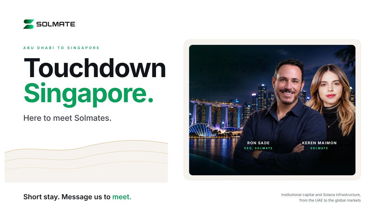 Solmate's tweet photo. Touchdown Singapore. Ron Sade (CEO) and Keren Maimon are here for the Solana Capital Forum on Oct 6 and TOKEN2049. 

Building on Solana or interested in what we do?

Message us and let's meet. https://t.co/1cYnKgdV6Z