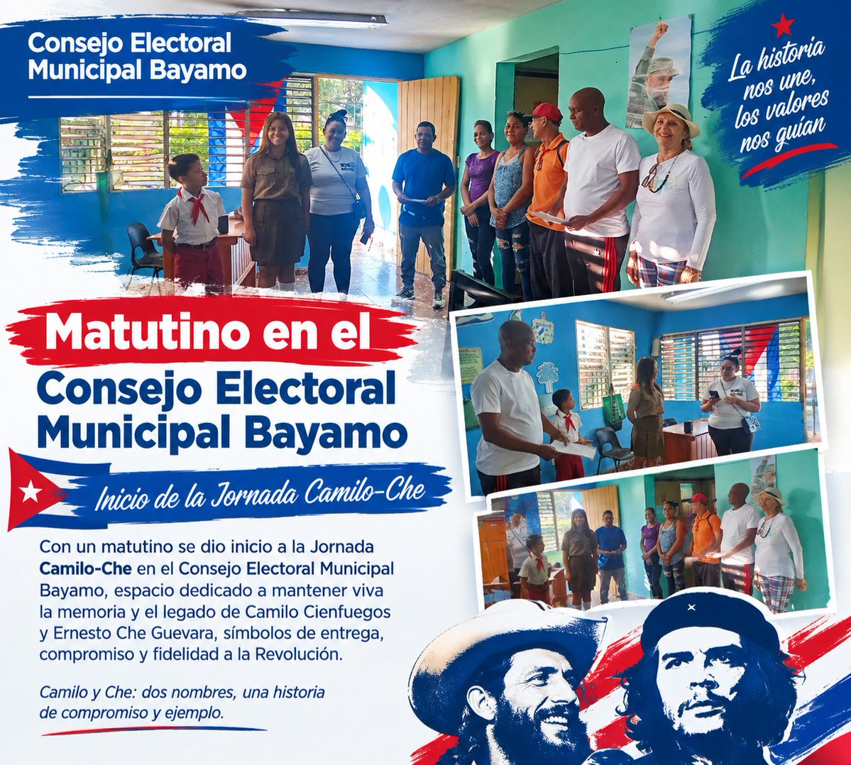 CEPGranma's tweet photo. 🇨🇺 Jornada Camilo-Che
Se realizó el matutino en el Consejo Electoral Municipal Bayamo, haciendo énfasis en el inicio de la Jornada Camilo-Che, dedicada a honrar la memoria y el legado de estos dos grandes héroes de nuestra historia. https://t.co/BaJF0oSFZi