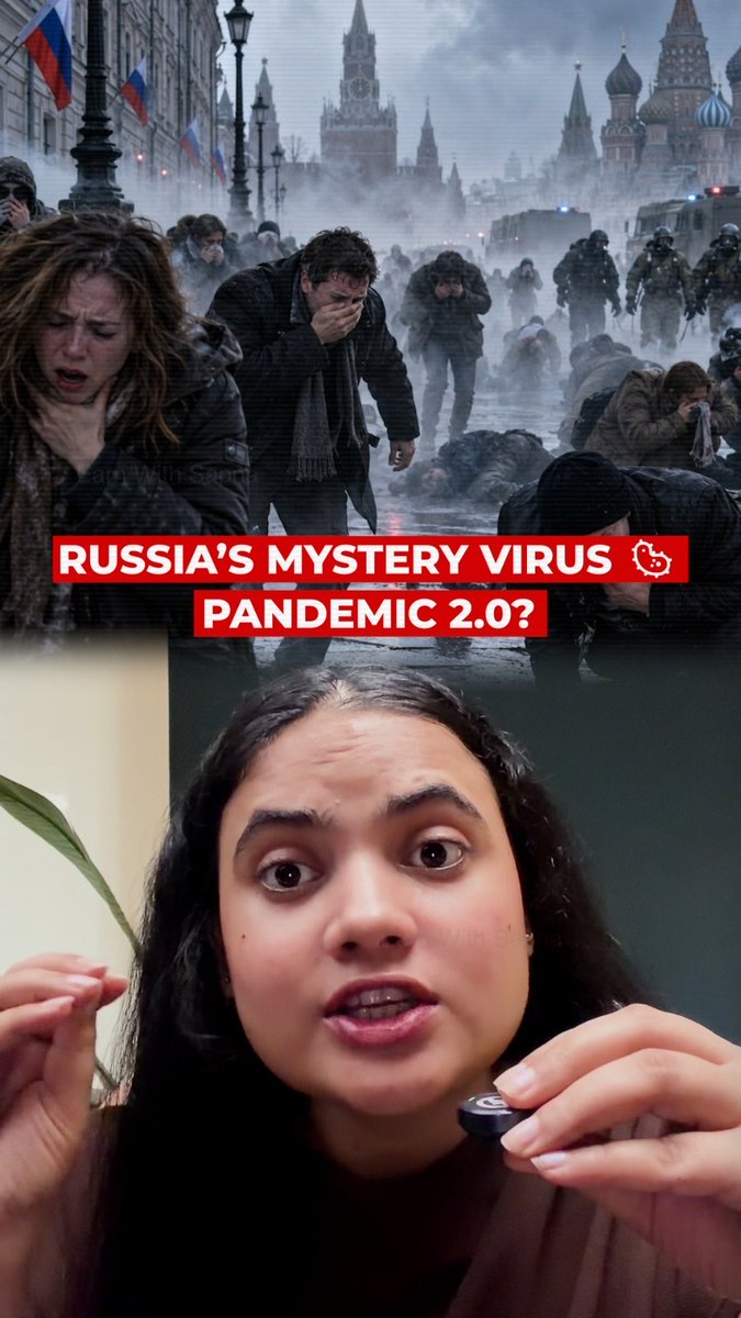 A split image showing a top scene of distressed people covering their faces amid smoke in front of iconic Russian architecture (likely the Kremlin and St. Basil's Cathedral), with bold red text reading "RUSSIA'S MYSTERY VIRUS PANDEMIC 2.0?" Below is a young woman speaking while holding a small black object, appearing to comment on the alarming topic of a potential new pandemic emerging from Russia.