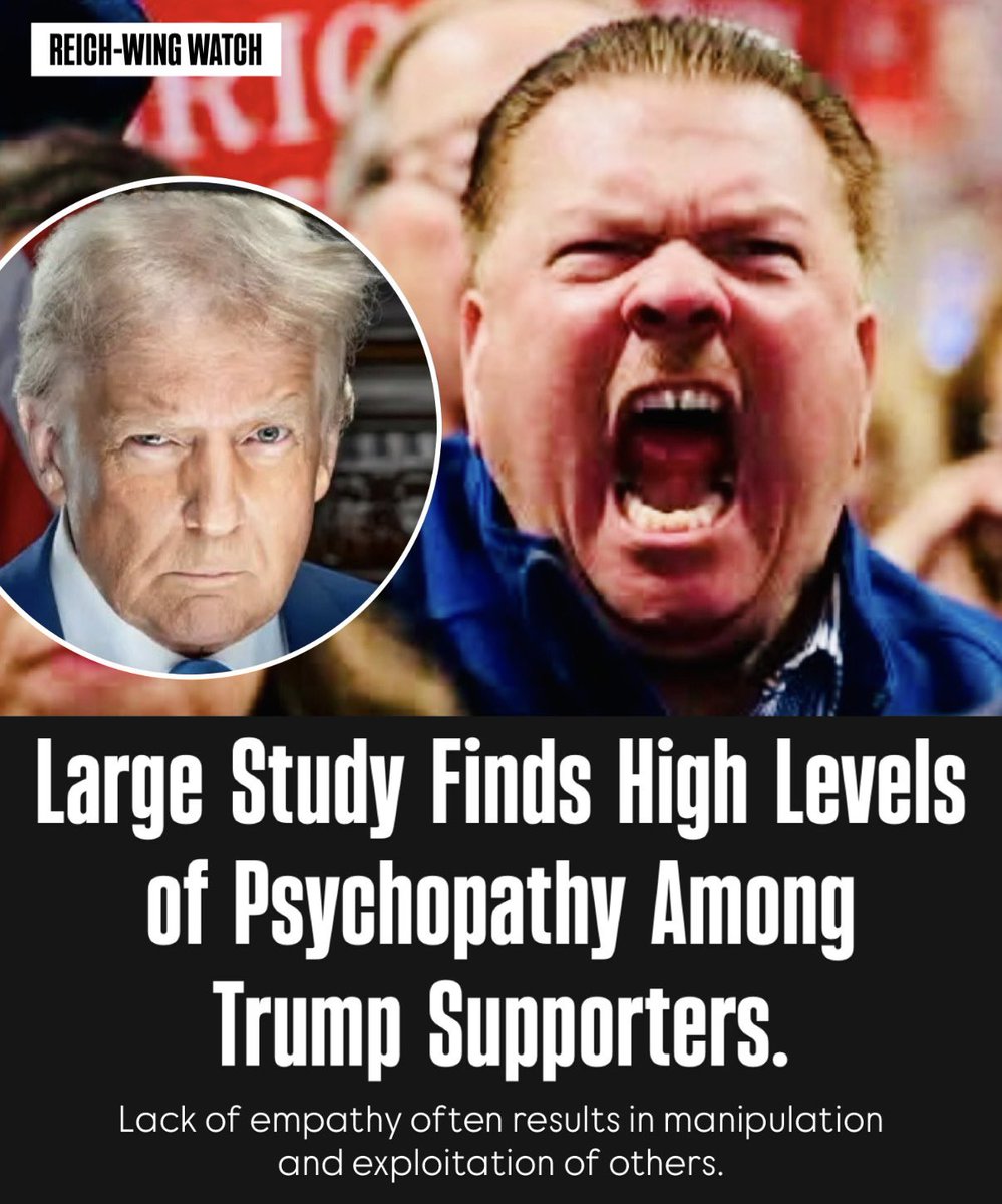ReichWingWatch's tweet photo. 🚨A study of 9,000+ Americans found Trump supporters scored higher on psychopathy, narcissism and manipulativeness. They also reported less concern for others’ suffering and more enjoyment of it. 

Even worse: they could read other people’s emotions just fine. They just seemed to care less. 

A political movement that celebrates the cruelty of ICE and the IDF? Who would have guessed? 

Published in the Journal of Research in Personality.