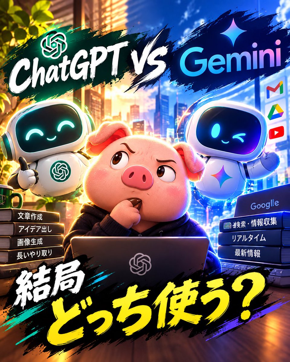 butayama_'s tweet photo. 【ChatGPTとGemini、結局どっち使う？】

Geminiの仕様変更をきっかけに、用途別にChatGPTと比較してみた🧐

正直、Gemini Flash・Pro・思考モードを使えていた頃は「Geminiの方が賢くていいな」と思う場面も結構あった✨

でも今回、無料版で使える範囲がFlash liteだけ変わることで改めて機能比較してみると……

個人的には、もうChatGPT一択かな🤔

Xの文章作成、推敲、アイデア出し、複雑な質問、長いやり取り、画像生成など、普段の用途を考えるとChatGPTのほうが使いやすい🙂‍↕️

もちろんGoogleサービスとの連携など、Geminiが便利な場面もある。

だから「ChatGPTが絶対最強」という話ではなく、

【自分が普段何にAIを使うか】

ここで選ぶのが一番だと思う。

ただ、今の自分の使い方なら……

ChatGPT（GPT-5.6 Luna）をメインにします🐷

Geminiさん、今までありがとう😂