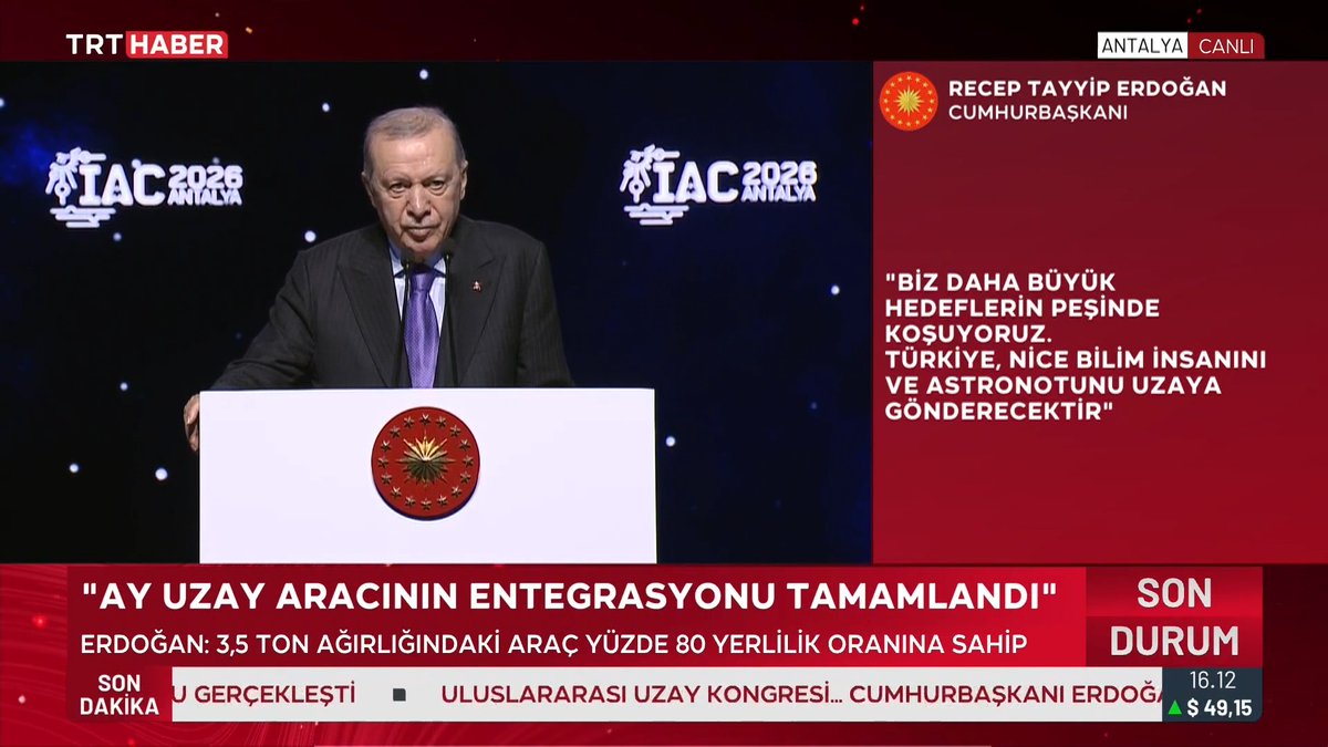 Turkish President Recep Tayyip Erdoğan speaks at the IAC 2025 Antalya congress, with TRT Haber displaying his quote emphasizing Turkey's commitment to sending scientists and astronauts into space and achieving an 80% localization rate for their 3.5-ton lunar spacecraft, aligning with his remarks about establishing a historic space partnership with Somalia.