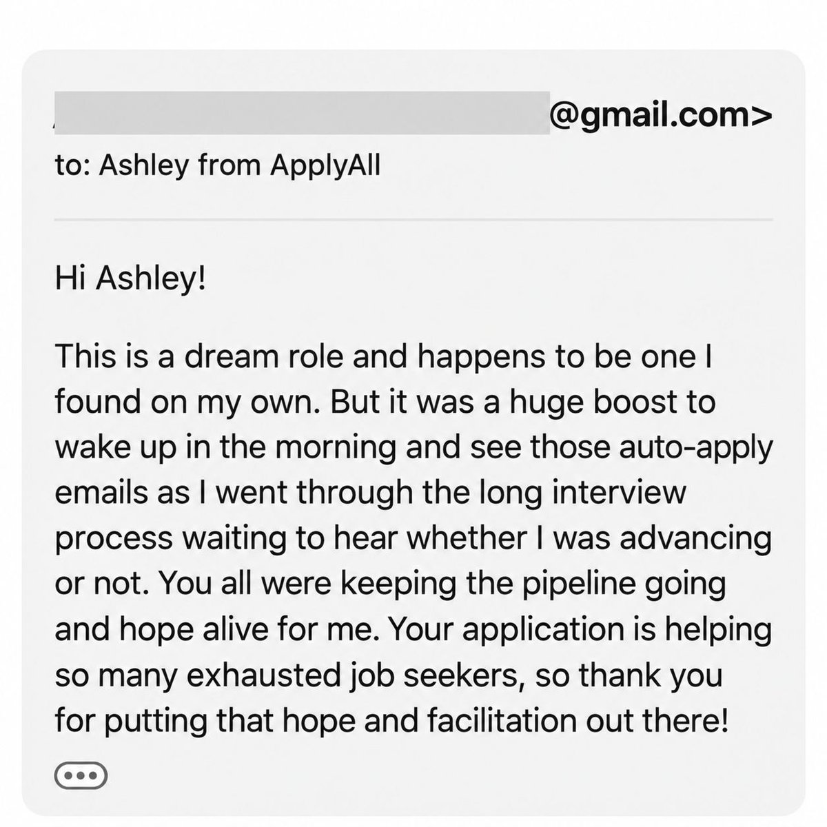 ApplyAllJobs's tweet photo. Dream role secured. 🎉

“You all were keeping the pipeline going and hope alive for me.”

They found the role themselves, while ApplyAll kept the rest of their job search moving in the background.

Couldn’t be happier for them. https://t.co/gBNvgEdYYf