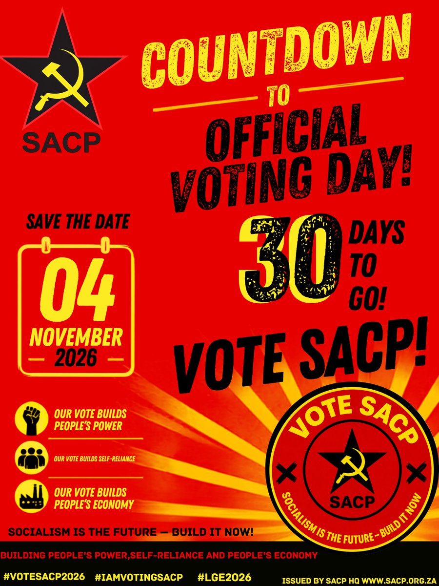 SACP1921's tweet photo. In about a month's time, the people of South Africa will have another opportunity to determine their future in the local government elections.
#VoteSACP #IamVotingSACP #VoteSACP2026 #LGE2026 https://t.co/67otgQeYFM