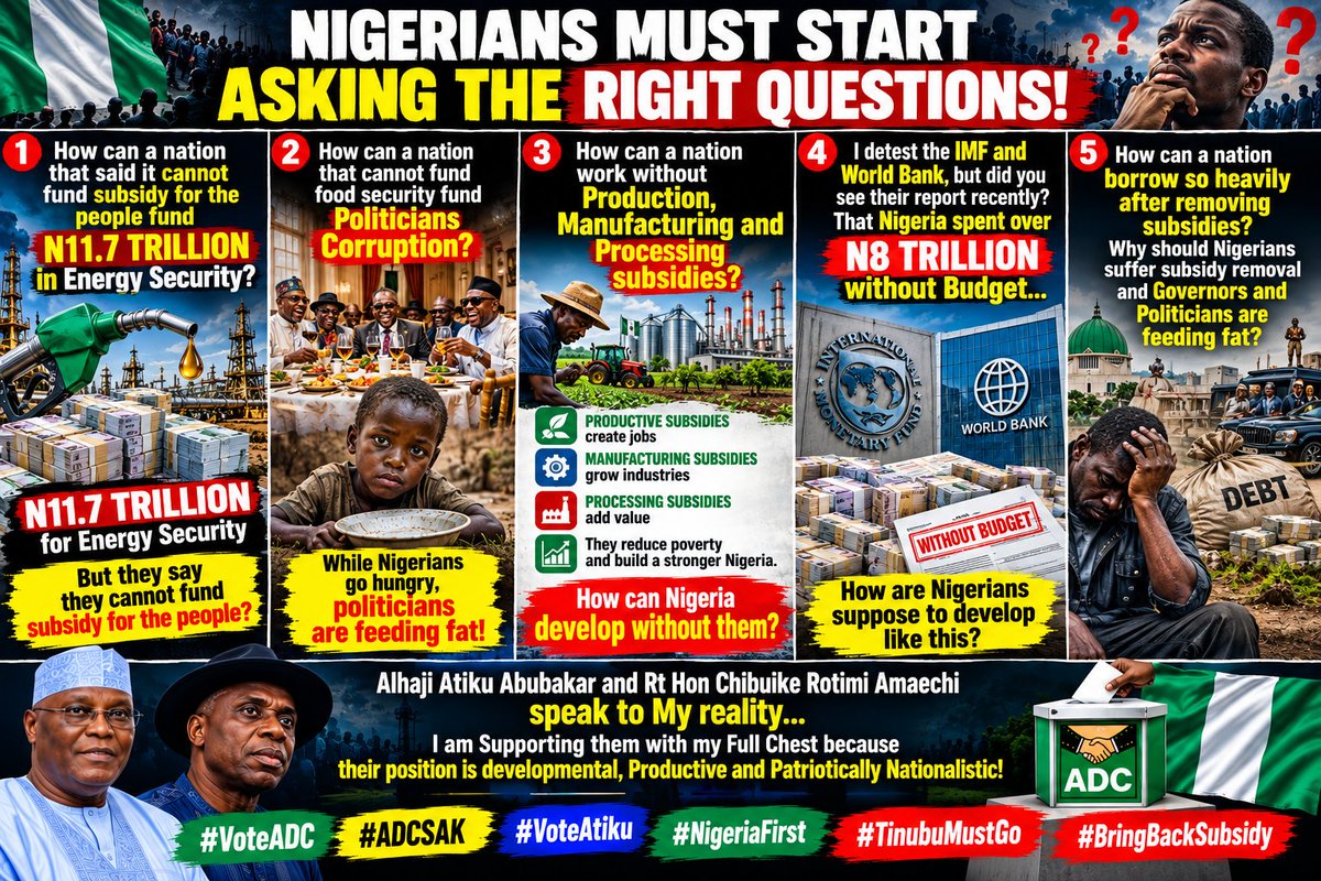 RetsonTedheke01's tweet photo. Nigerians Must Start Asking The Right Questions!

#VoteADC 
#ADCSAK 
#VoteAtiku 
#NigeriaFirst 
#TinubuMustGo 
#BringBackSubsidy https://t.co/WCCQTfKjCR
