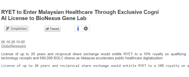 CatalysTrade's tweet photo. $RYET adds healthcare to its expansion story

Its new Malaysia agreement with BioNexus Gene Lab brings Cogni AI into healthcare, with a license of up to 20 years, 10% royalty economics and 560K BGLC shares at closing.

New market. New vertical. Bigger global footprint 

$SPY $QQQ https://t.co/daYjOwbIG2