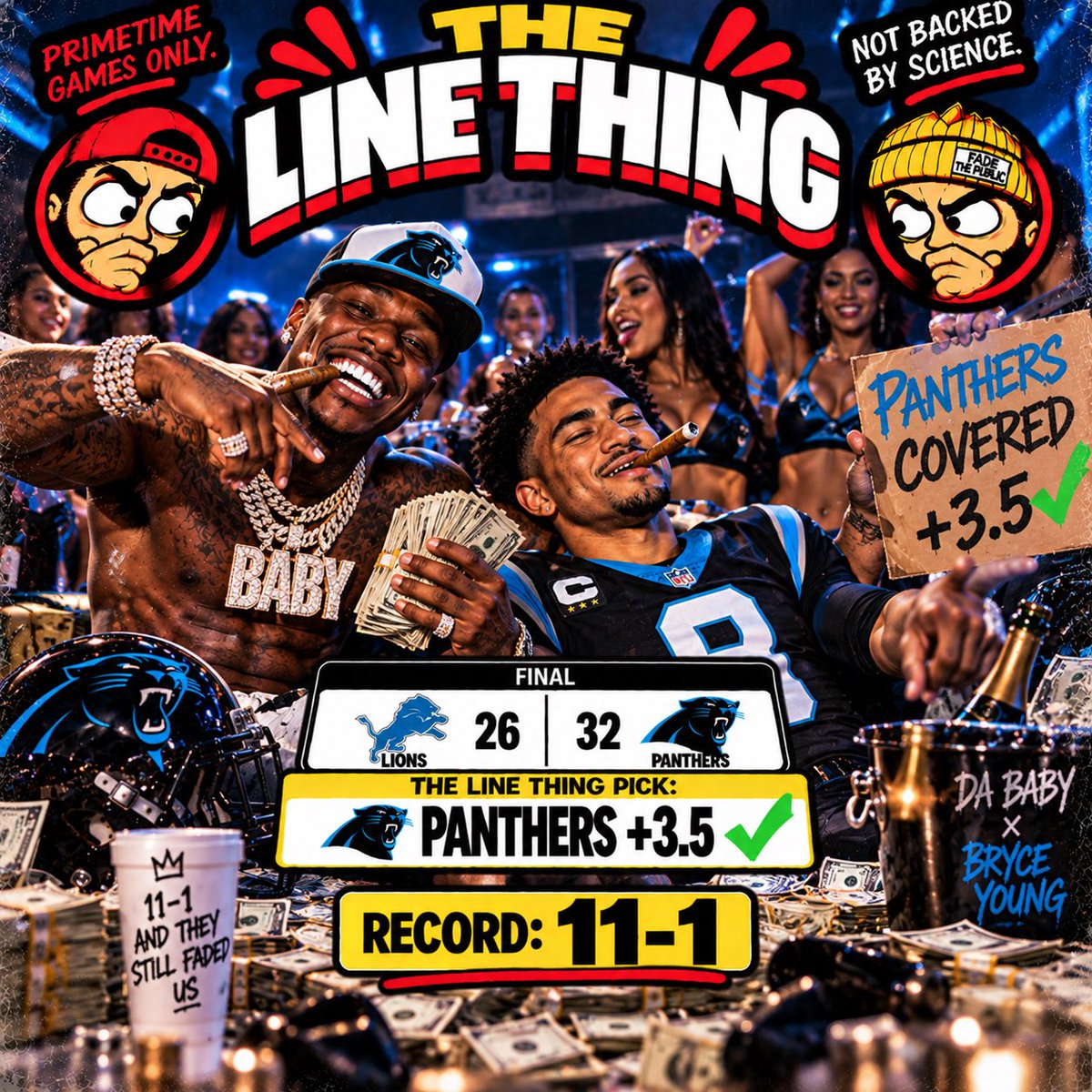 TheLineThing's tweet photo. Let me spell this out for you.  Before the first prime time NFL game this year, we told the world, we’re the shit.  Since explaining to the world that we’re the coolest guys ever, we’ve supported that fucking notion by going 11-1.   You like what I’m telling you? https://t.co/Z4kqKaCONe