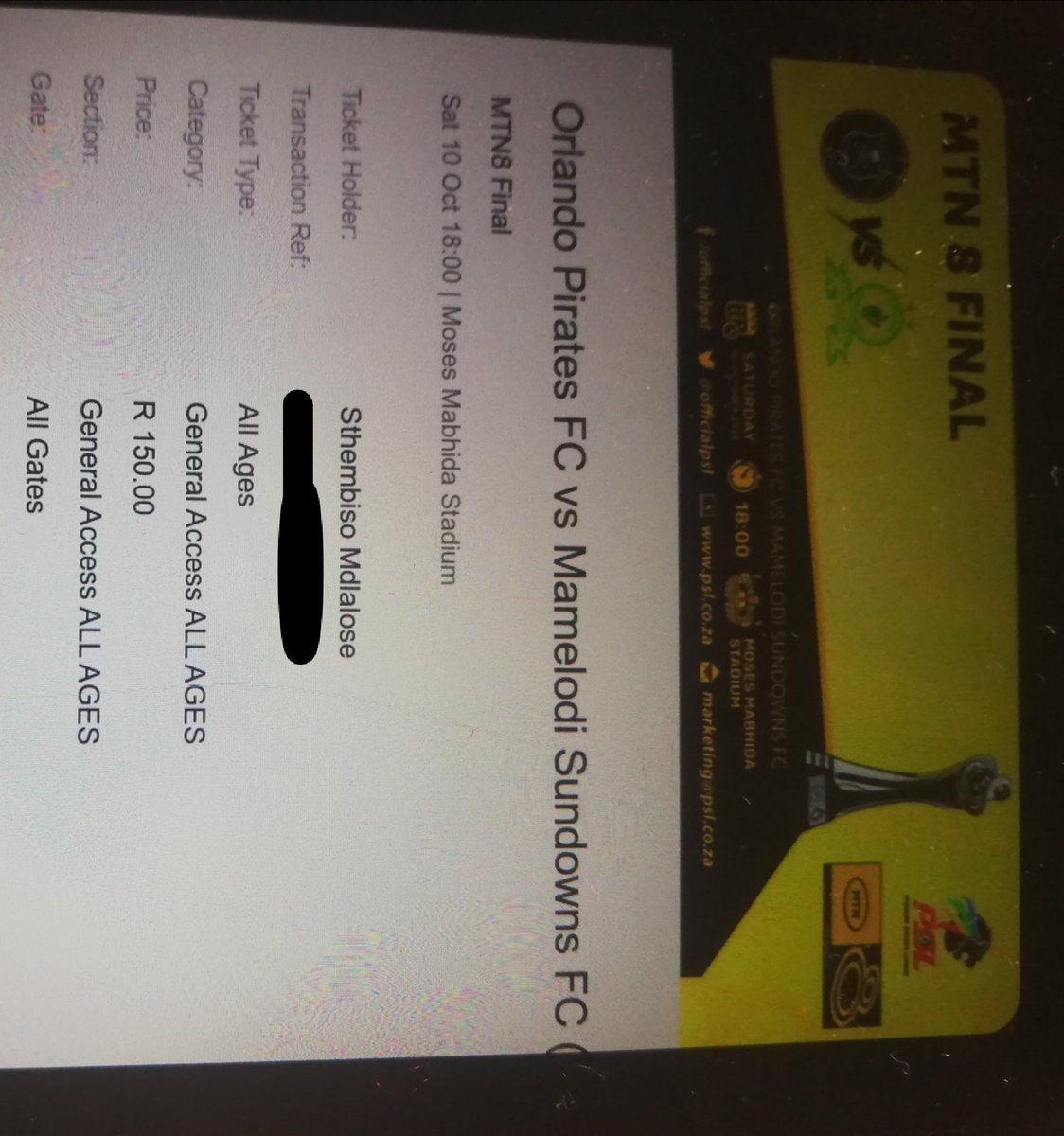 Sthero72's tweet photo. My friend disappointed me. I'm selling 2x MTN 8 final tickets. R150 each. We meet I transfer the tickets you give me the money. Around Gauteng https://t.co/unD5Kzi6vi