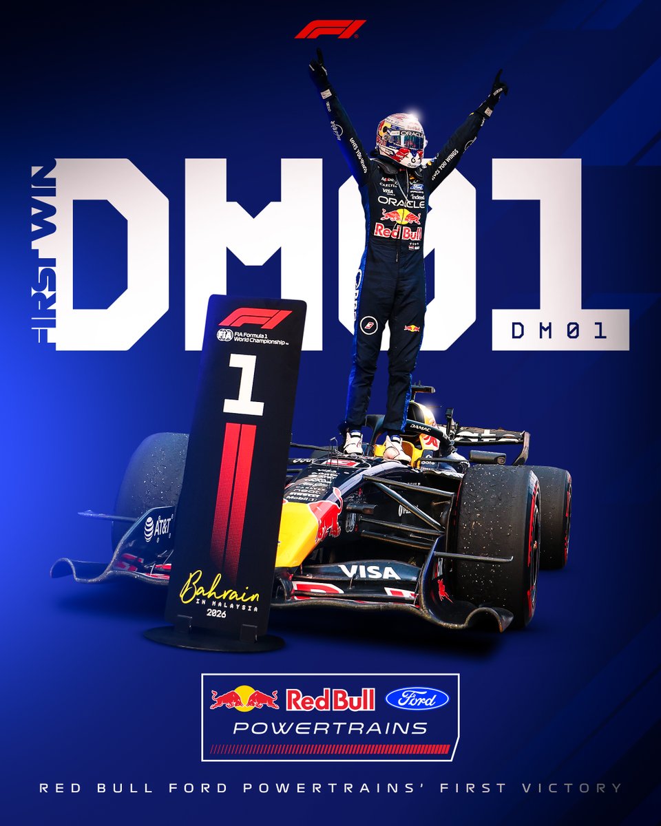 F1's tweet photo. First victory for the DM01! 💙

Red Bull Ford Powertrains' first power unit, named after the late Dietrich Mateschitz, claims its first-ever victory 🏆

#F1 #BahrainGP @redbullracing @FordRacing https://t.co/lT6gIEEc69