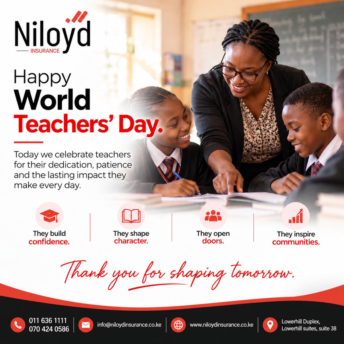 NiloydInsurance's tweet photo. Happy World Teachers Day to every incredible teacher across the world.

Thank you for your dedication, inspiration, and impact.

You are appreciated:)

#worldteachersday #teachers  #happyworldteachersday https://t.co/0MQ0cmh5tw