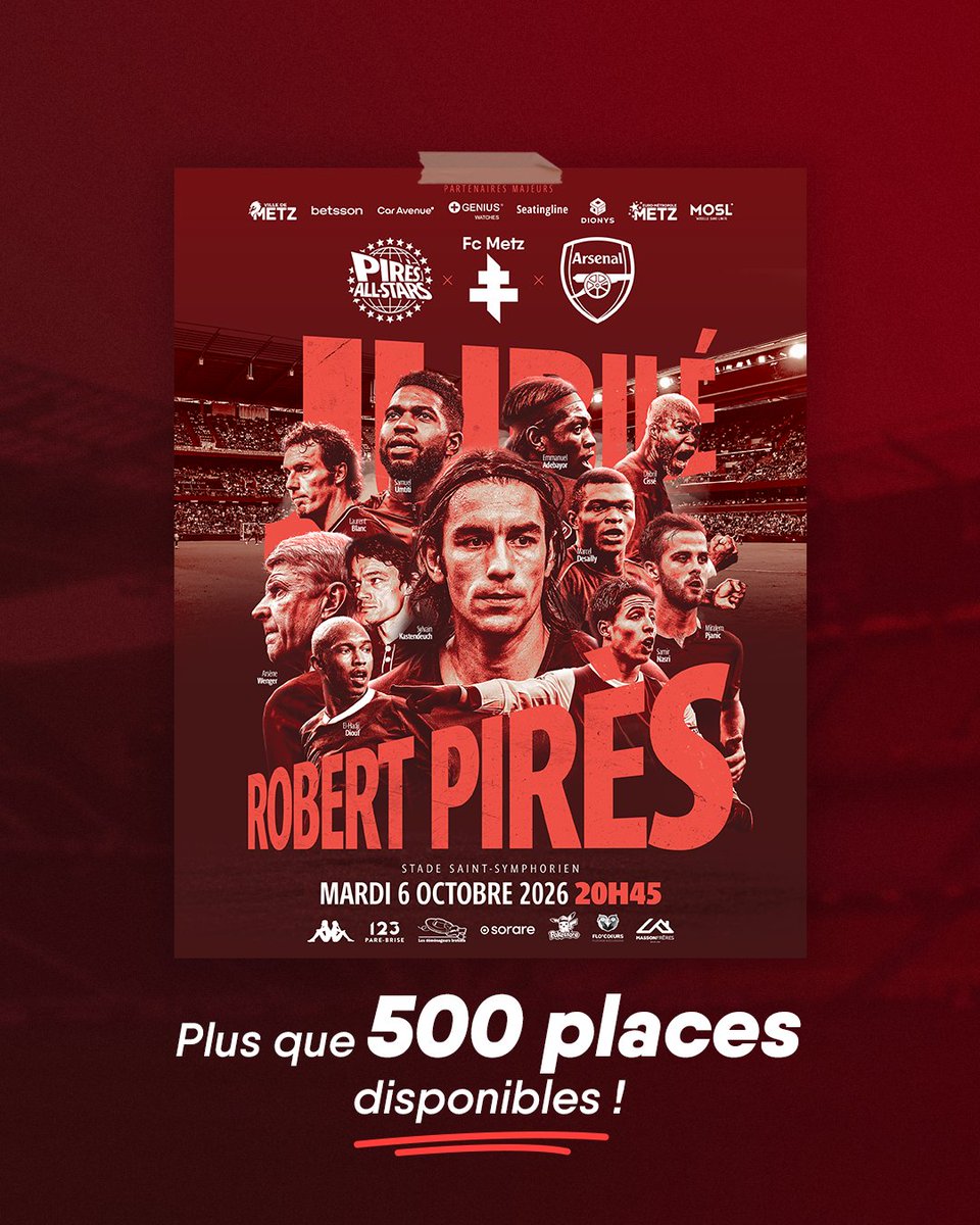 FCMetz's tweet photo. Plus que 500 places disponibles ! 🚨

Le Jubilé de Robert Pirès, c'est DEMAIN ! 
Une soirée exceptionnelle à vivre au Stade ❤️‍🔥

Réservez vite votre place avant qu’il ne soit trop tard 🎟️ https://t.co/QDatWwTphb https://t.co/SwtIIl07iU