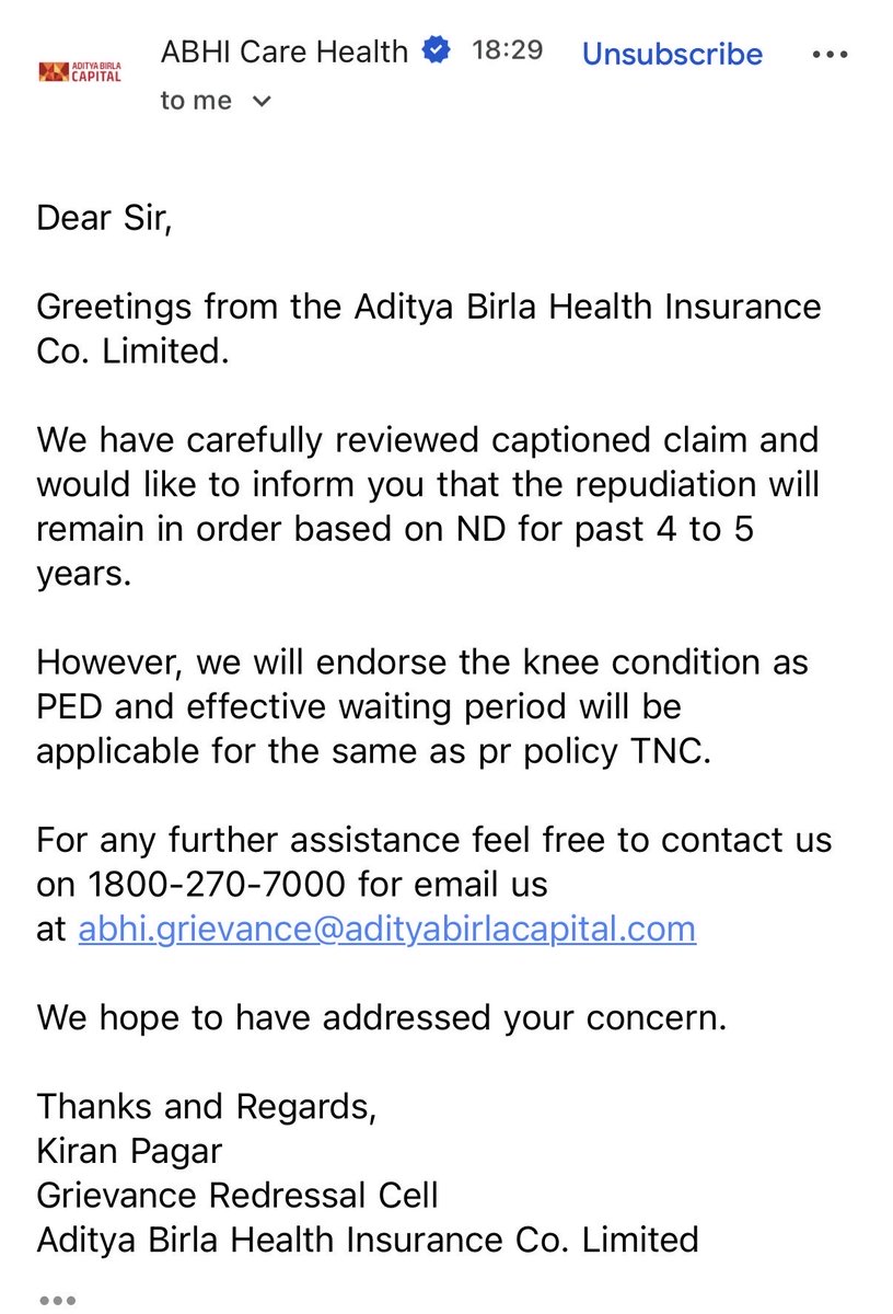 bunny90265's tweet photo. Yet another mail from @abhealthin , yet again without any clear justification or supporting evidence. Just “ND for past 4–5 years” — while the actual basis, evidence and alleged non-disclosure remain unclear and undisclosed to the customer.

At this point, are we expected to accept a rejection without being told what exactly was allegedly not disclosed? @BimaBharosaIRDAI
