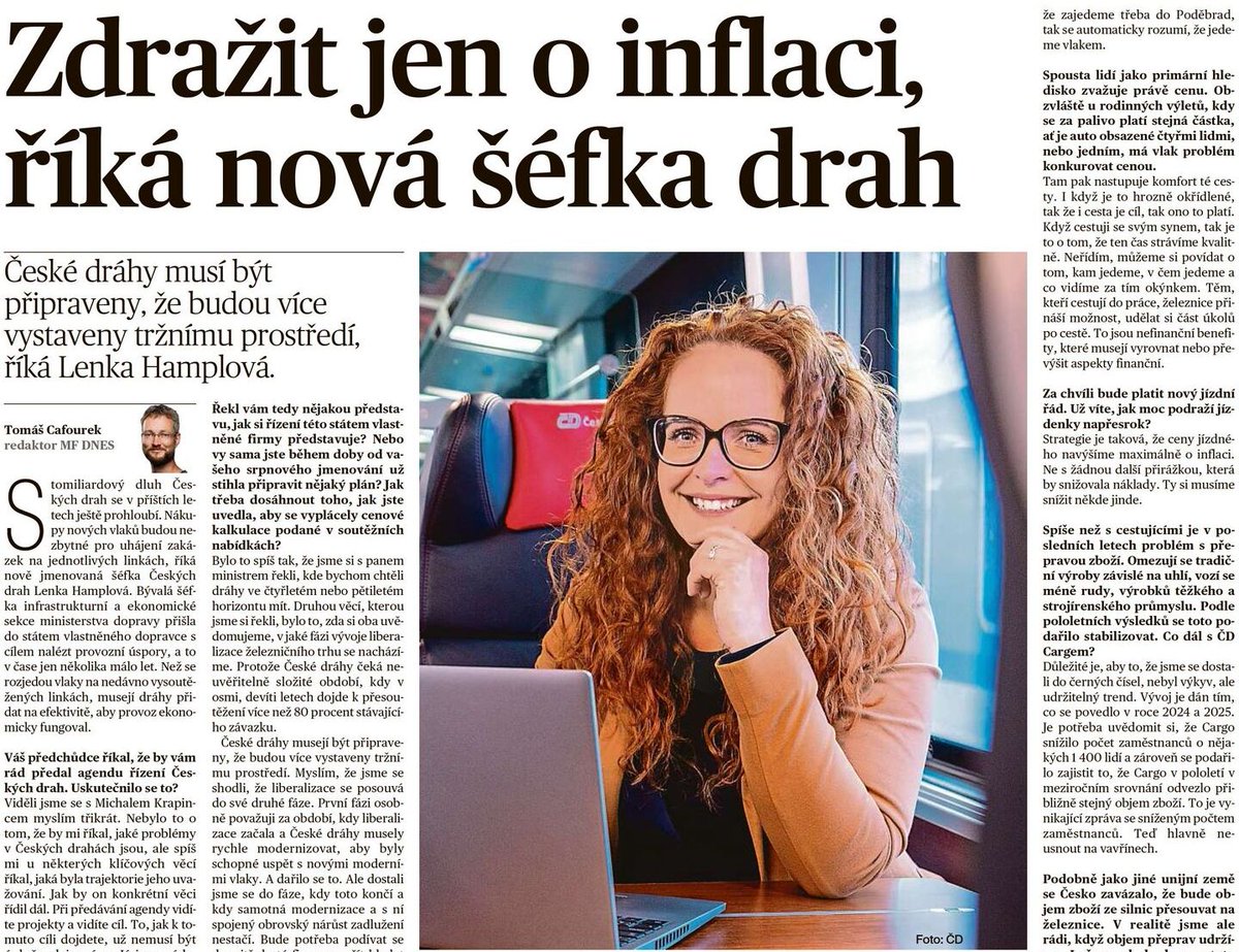 Lenka_Hamplova's tweet photo. 6,5 tisíce vlaků denně. Skoro půl milionu cestujících.
Velikost ČD má být bonus, ne malus. Musíme ale přesně vědět, které činnosti dávají ekonomicky smysl.
Pro @iDNEScz  o jízdném, zadlužení i o Cargu. 🚆👇 https://t.co/i1R2wlXNk0