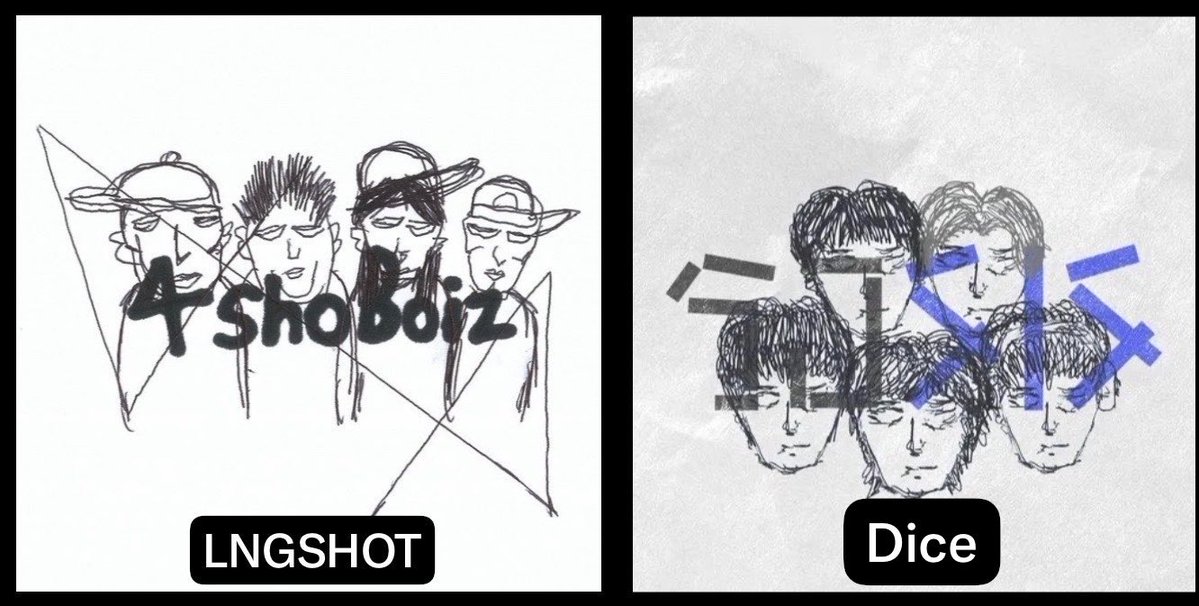 reinaofthefayy's tweet photo. So looks like Thai Shotties are upset right now. And want an explanation. Thai idol group Dice revealed an album/single cover that they drew, and it looks really similar to Woojin’s 4shoboiz cover he drew for Lngshot. Even the art style, the scribble, the eyes, the design is almost the same. 

The company acknowledged this but said that there was other design options to consider. It’s been 2 days and looks like they still decide to go through with the design that looks like LNGSHOT’s. 

FYI the group{?) is a fan of lngshot and has shared their songs on sns including 4shoboiz mixtape….