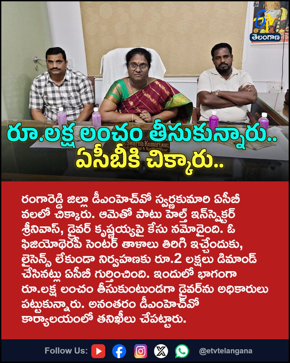 etvtelangana's tweet photo. రూ.లక్ష లంచం తీసుకున్నారు..
ఏసీబీకి చిక్కారు
For More LIVE Updates Click This Link
https://t.co/J7l3k76SGA
#ACBRaid
#Rangareddy
#DMHO
#Swarnakumari
#Corruption
#Etvtgbreaking https://t.co/lSK4CPeKbH