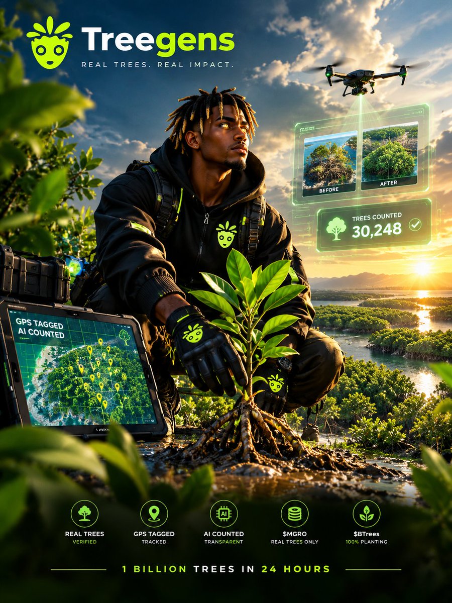 Kachi_Base's tweet photo. I've been watching @treegens for a long while and I’m genuinely hyped about what they’re building.

This isn’t another green project that just talks. Their founder literally broke a Guinness World Record planting 30k+ mangroves in one day. Now they’re using that same energy to build a system where every single tree is filmed, GPS-tagged, and AI-counted before anyone gets paid.

No more “we planted trees, trust us.” You can actually see the before, after, and the count.

They’re aiming for something wild, 1 billion trees in 24 hours. And the tokens? $MGRO only gets minted when real trees are verified. $BTrees fees go 100% into planting more.

If you’re tired of climate talk with no receipts, this is the one actually doing the work.

Go check them out. The FamiTREE is growing. 🌱
https://t.co/Nq09noABIC