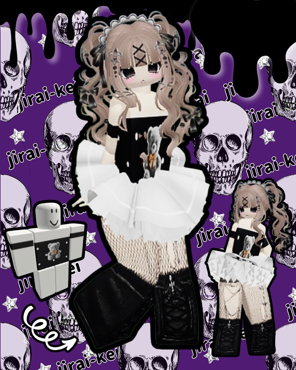 yuuu_783's tweet photo. Made a collage for my Jirai-kei Roblox avatar! 🖤💜
The skull is the highlight 💀 
I made the teddy bear print top myself♡🧸

#Roblox #RobloxFashion #CollageArt https://t.co/gn8YYXUHAm