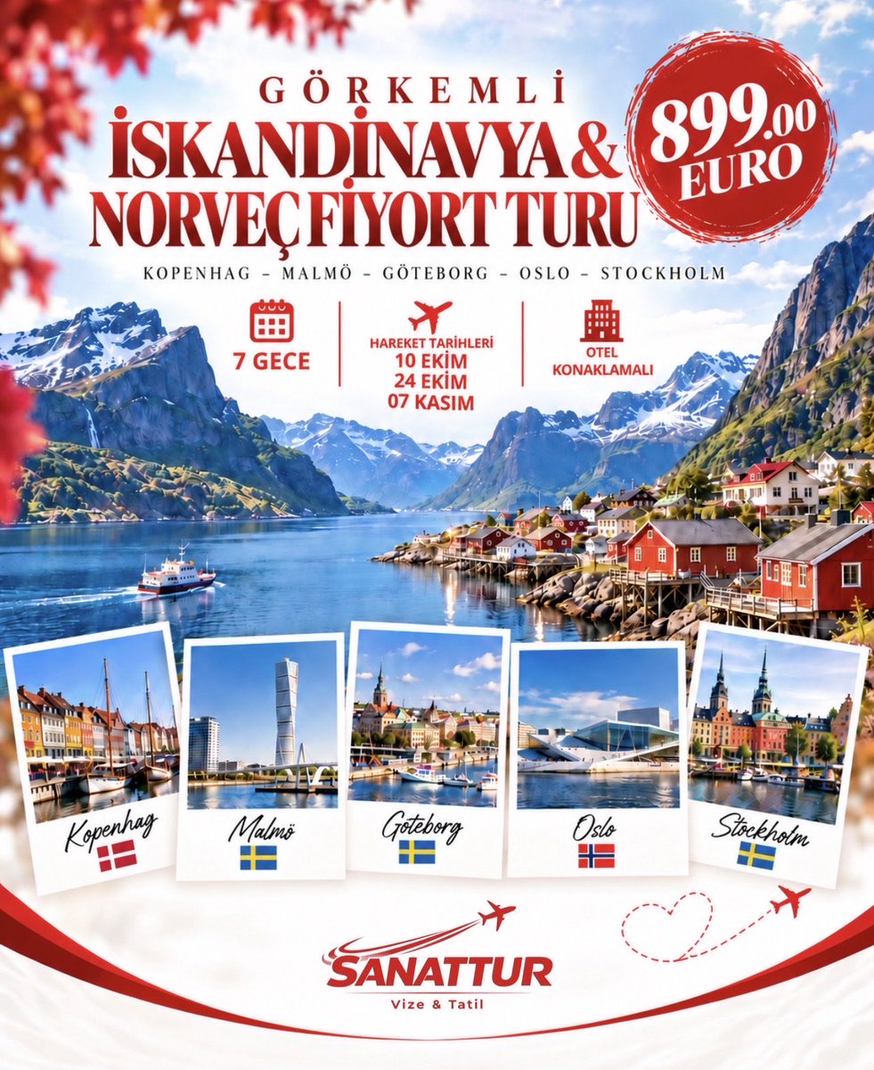 sanattur's tweet photo. 🇩🇰🇸🇪🇳🇴 Görkemli İskandinavya & Norveç Fiyort Turu! ❄️✨

Kopenhag’dan başlayıp Malmö, Göteborg, Oslo ve Stockholm’e uzanan unutulmaz bir İskandinavya yolculuğuna çıkıyoruz! 🌍

🏙️ Kopenhag
🌉 Malmö
🌊 Göteborg
🏔️ Oslo & Flam Fiyortları
👑 Stockholm

🚂 Flåmsbana tren yolculuğu
🚢 Flam Fiyort Turu
🏰 Kronborg & Frederiksborg Şatoları
⚓ Vasa Gemi Müzesi
🌿 Uppsala & Djurgarden

📅 Hareket Tarihleri: 10 Ekim • 24 Ekim • 07 Kasım
🌙 7 Gece
✈️ Ajet ile uçuşlu
💶 899 €’dan başlayan fiyatlarla

📩 Detaylı bilgi ve rezervasyon için bizimle iletişime geçin.

#Sanattur #İskandinavyaTuru #NorveçFiyortları #Stockholm #AvrupaTuru