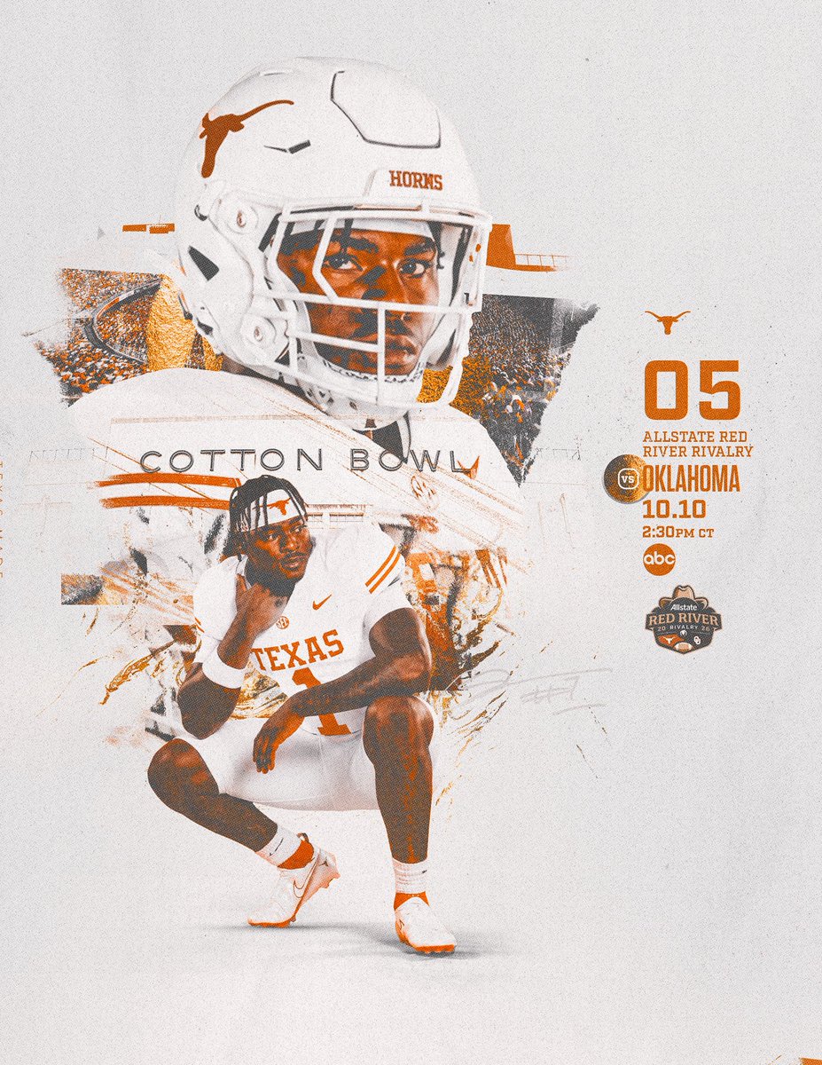 TexasFootball's tweet photo. The rivalry continues 🤘

🏈 Allstate Red River Rivalry
📅 Saturday, Oct. 10 | 2:30 PM CT
📍 Cotton Bowl | Dallas, TX
📺 ABC https://t.co/HbAbKUdLYW