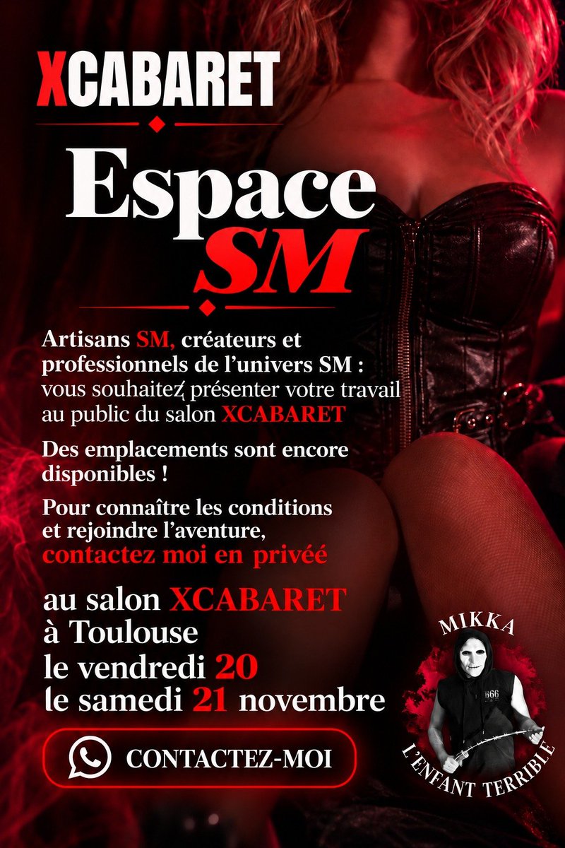 BDSM_SUD666's tweet photo. N'hésitez pas à partager 

🔥 ARTISANS &amp; CRÉATEURS SM/BDSM 🔥

Vous créez du cuir, latex, accessoires ou des pièces originales ? 🖤
XCABARET Toulouse vous ouvre ses portes les 20 &amp; 21 novembre !

Venez présenter votre univers, vos créations et rencontrer le public. https://t.co/ZMIek0ECac