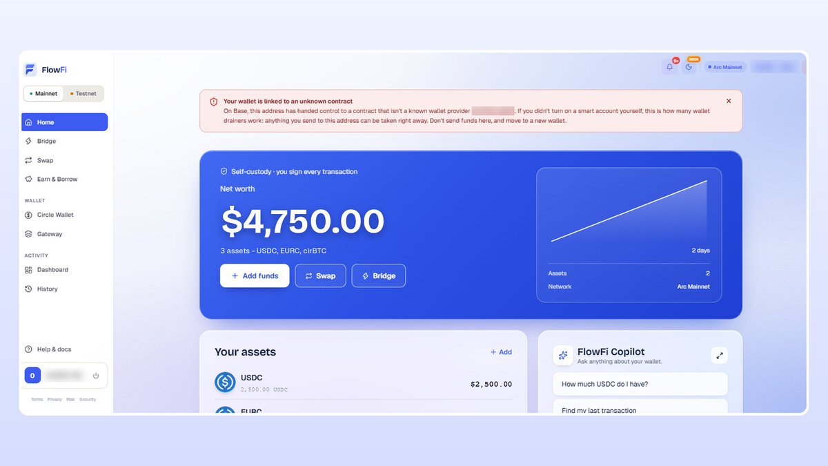 flowfifinance's tweet photo. A new safety feature is now live on FlowFi 🛡️

Lately, a common wallet scam works like this: a fake site asks you to sign something, and from that moment on, anything you send to your wallet gets taken almost instantly.

When you connect your wallet to FlowFi, we now check whether it has been linked to an unknown contract. If it has, you'll see a clear warning before you send any more funds.

It's a small step, but it can save a lot, especially for people who are new to crypto.

Stay safe → https://t.co/7ZDLfaSgF9