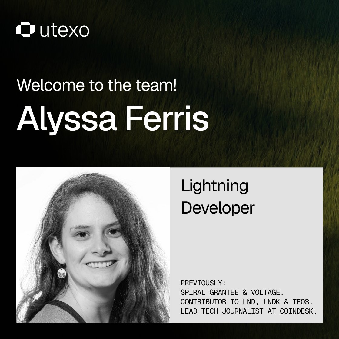 utexocom's tweet photo. Alyssa has spent nearly a decade building Lightning from the inside.

She contributed to LND, LNDK for BOLT 12, and TEOS as a @spiral_xyz grantee and at @voltage_cloud.

She's joining Utexo to help advance the RGB Lightning stack for USDT on Bitcoin.

Welcome, @mehmehturtle! https://t.co/feGgwwzDga