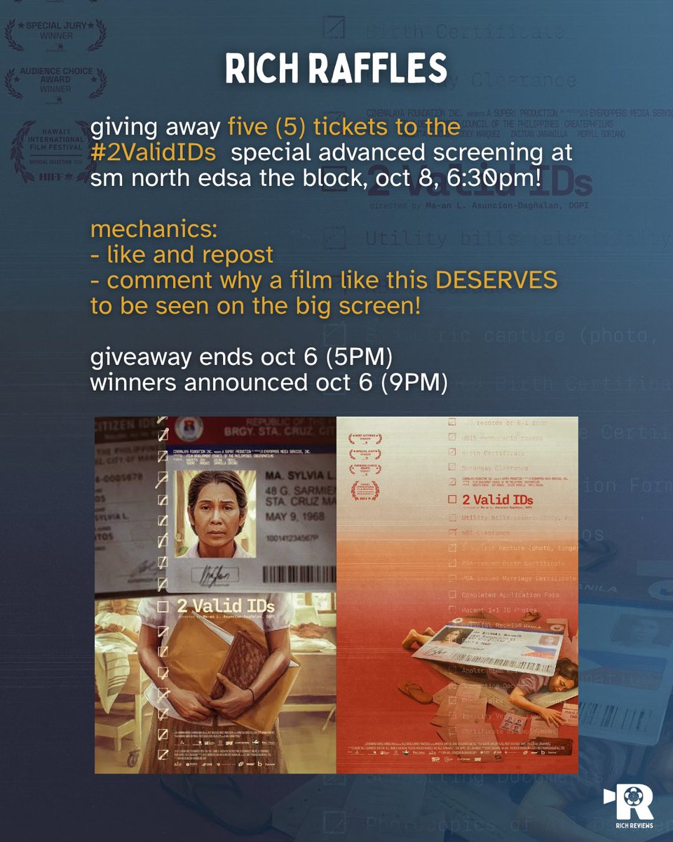 richardmz13's tweet photo. 2nd Rich Raffles!

giving away FIVE (5) tickets to the #2ValidIDs special advanced screening at sm north edsa the block, oct 8, 6:30pm!

mechanics:
- like &amp; repost
- comment why a film like this DESERVES to be seen on the big screen! 

ends oct 6, 5PM | winners oct 6, 9PM https://t.co/IvCjaF2ILM