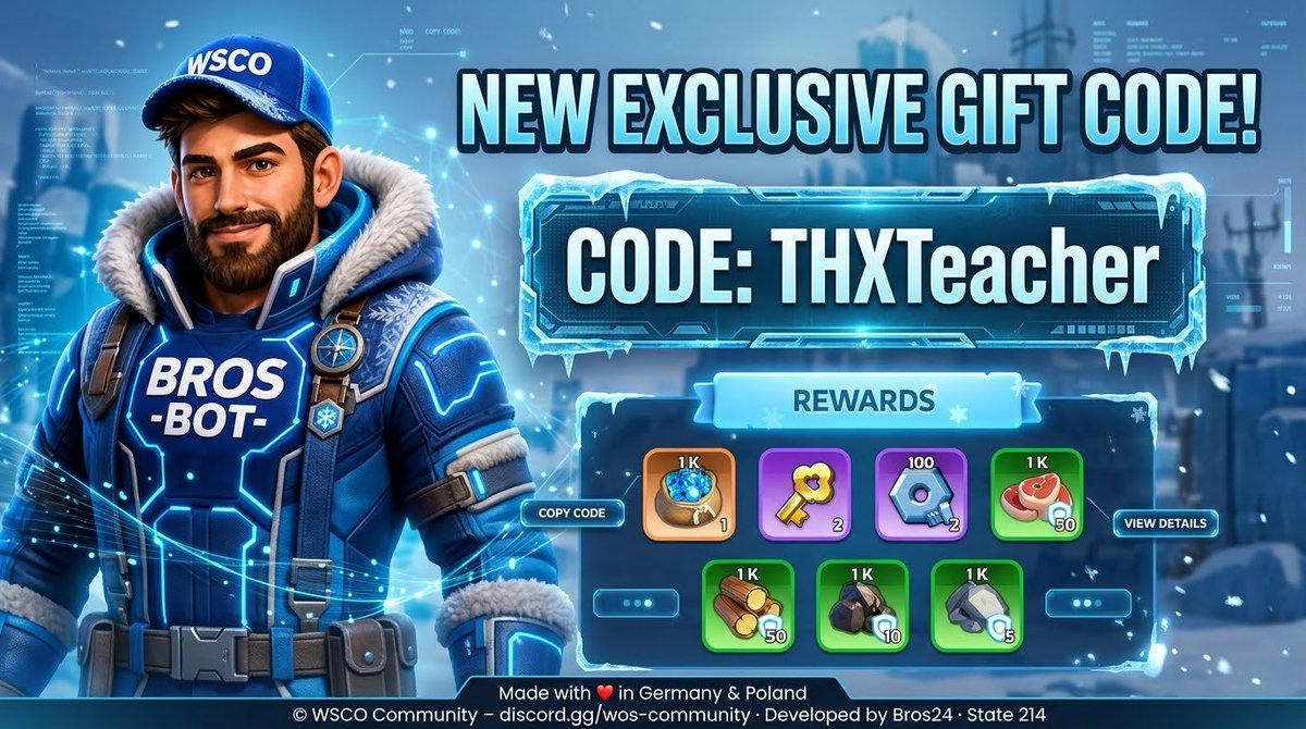 WOSCcommunity's tweet photo. ❄️ NEW OFFICIAL WHITEOUT SURVIVAL GIFT CODE! 🎁

🔑 Code: THXTeacher

🔗 Redeem Here: https://t.co/Qbzxsul9dM
👉 Discord: https://t.co/dC3VEplPGF

#WhiteoutSurvival #wos #WOSGiftCode #gamingcommunity #survivalgame #FreeRewards  #Giftcode #GameOn #levelup #WOSFamily https://t.co/a7JD1xOJZw