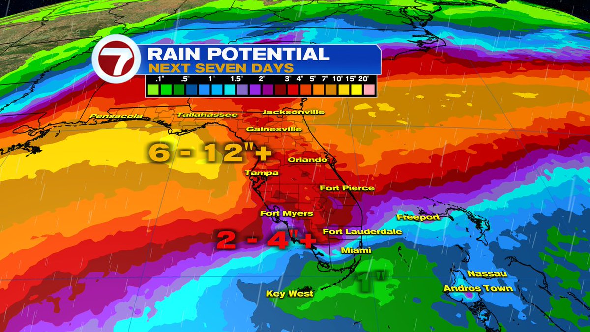 DylanFedericoWX's tweet photo. Time to build an arc, Florida! A ton of rain is on the way! Over a foot of rain is forecast in the Panhandle with a tropical threat late week, and widespread totals of 2 - 4 inches into South Florida -- which is the equivalent of 4 trillion gallons of water for the state! #flwx https://t.co/qbBFRPLRtX