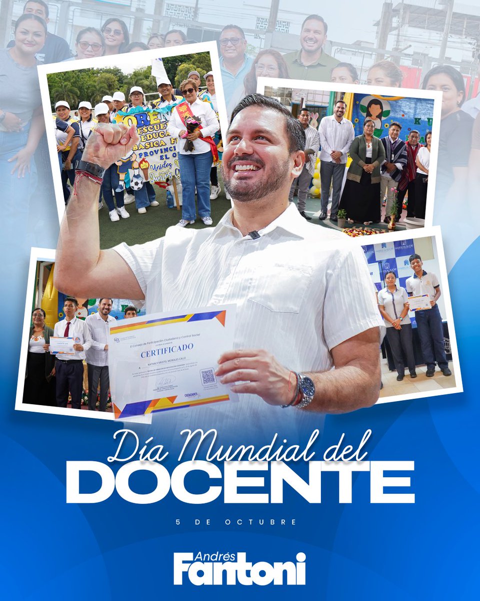 AndresFantoniB's tweet photo. 🎓 “Sin docentes no hay educación, y sin educación no hay desarrollo”

Hoy celebramos el Día Mundial del Docente, esas personas extraordinarias que con paciencia, dedicación y pasión construyen el futuro cada día. A quienes hacen del arte un camino de aprendizaje y de la enseñanza, una obra que deja huella.🎨🎭🎶✨

¡Gracias por encender la chispa del conocimiento en cada estudiante, por inspirar sueños y por nunca rendirse!

¡Feliz día a todos! 🫂