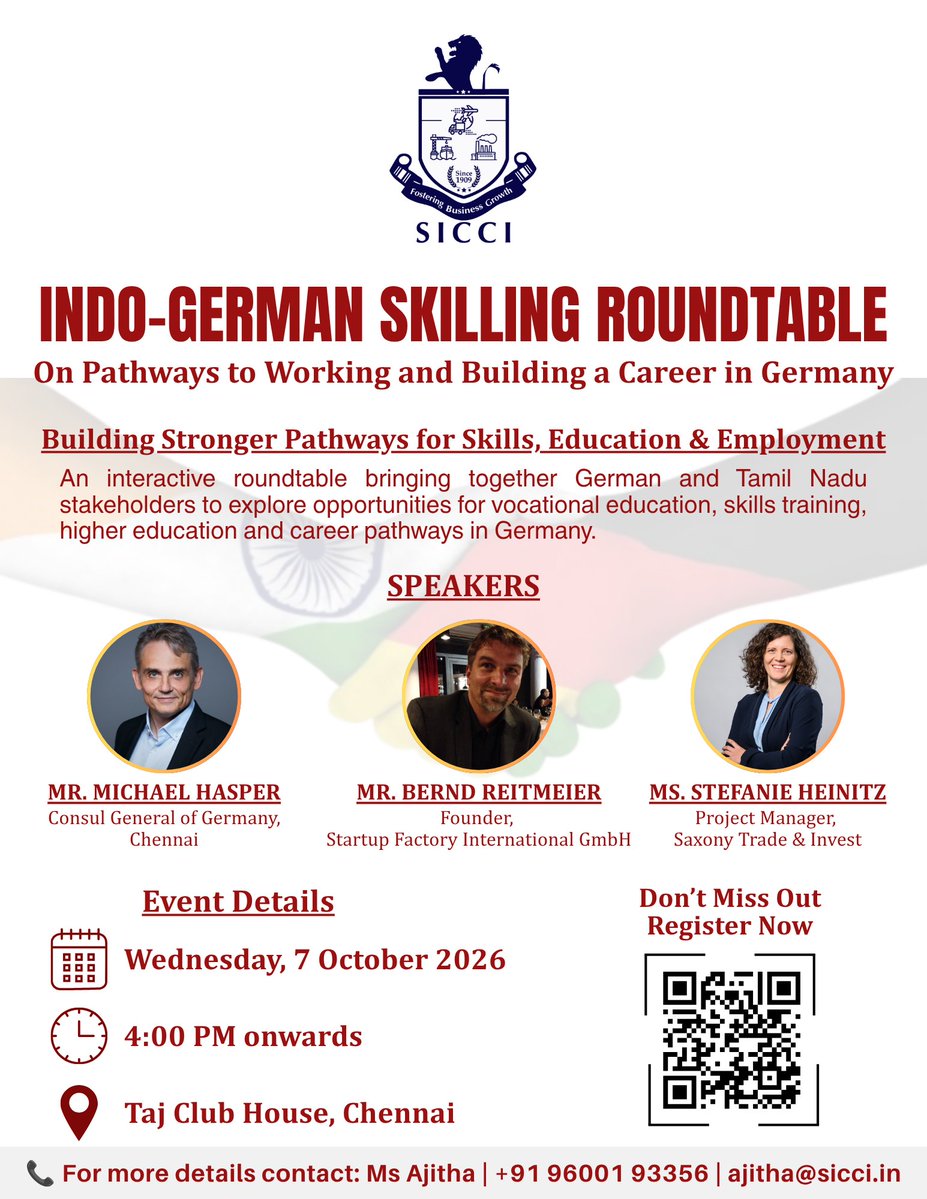 sicci_in's tweet photo. 🇮🇳🇩🇪 Exploring pathways to working and building a career in Germany!
Join SICCI’s Indo-German Skilling Roundtable on 7 Oct at Taj Club House, Chennai
🔗 Register: https://t.co/lLcir8JVte
#SICCI #IndoGerman #Skilling #Germany #CareerInGermany #IndiaGermany https://t.co/TiVqGpwQdg