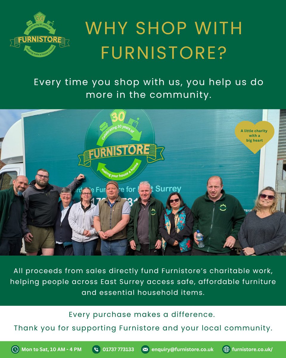 Furnistore's tweet photo. Every purchase at #Furnistore makes a difference.

Shop quality pre-loved furniture, support local people across East Surrey, and help keep #furniture out of landfill♻️

📞 01737 773133
🌐 https://t.co/euOGvdJkBb

#Redhill #ShopWithPurpose #PreLoved #CharityShop #SupportLocal https://t.co/X29HVJVEdZ