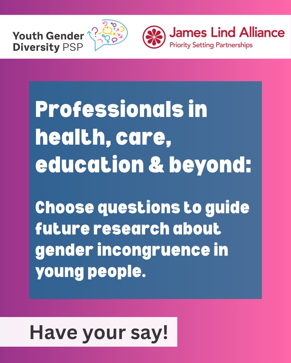LindAlliance's tweet photo. Do you work with young people experiencing gender incongruence? Make a difference by completing this survey.

📝Let us know which questions you think future research needs to answer: https://t.co/fG7mr3tjLr https://t.co/e9CBBda0Rt
