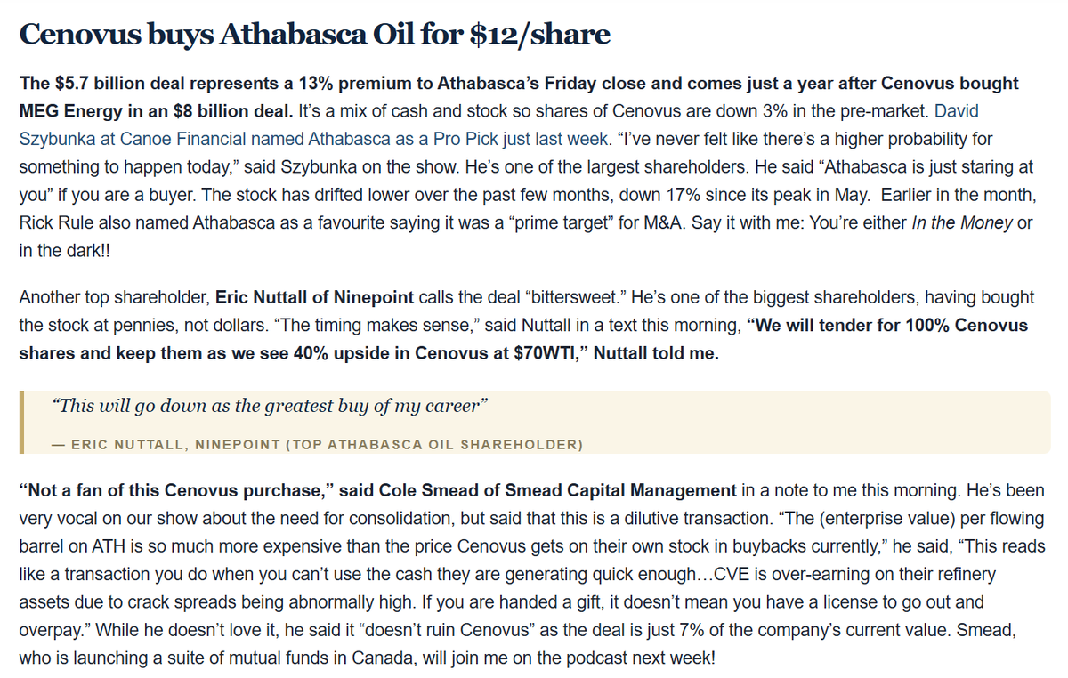 inthemoneypod's tweet photo. Eric Nuttall bought Athabasca for pennies. Today Cenovus is paying $12.

He's not cashing out.

"We will tender for 100% Cenovus shares and keep them as we see 40% upside in Cenovus at $70 WTI." @ericnuttall 

"This will go down as the greatest buy of my career."
https://t.co/IMDKSLVOD5