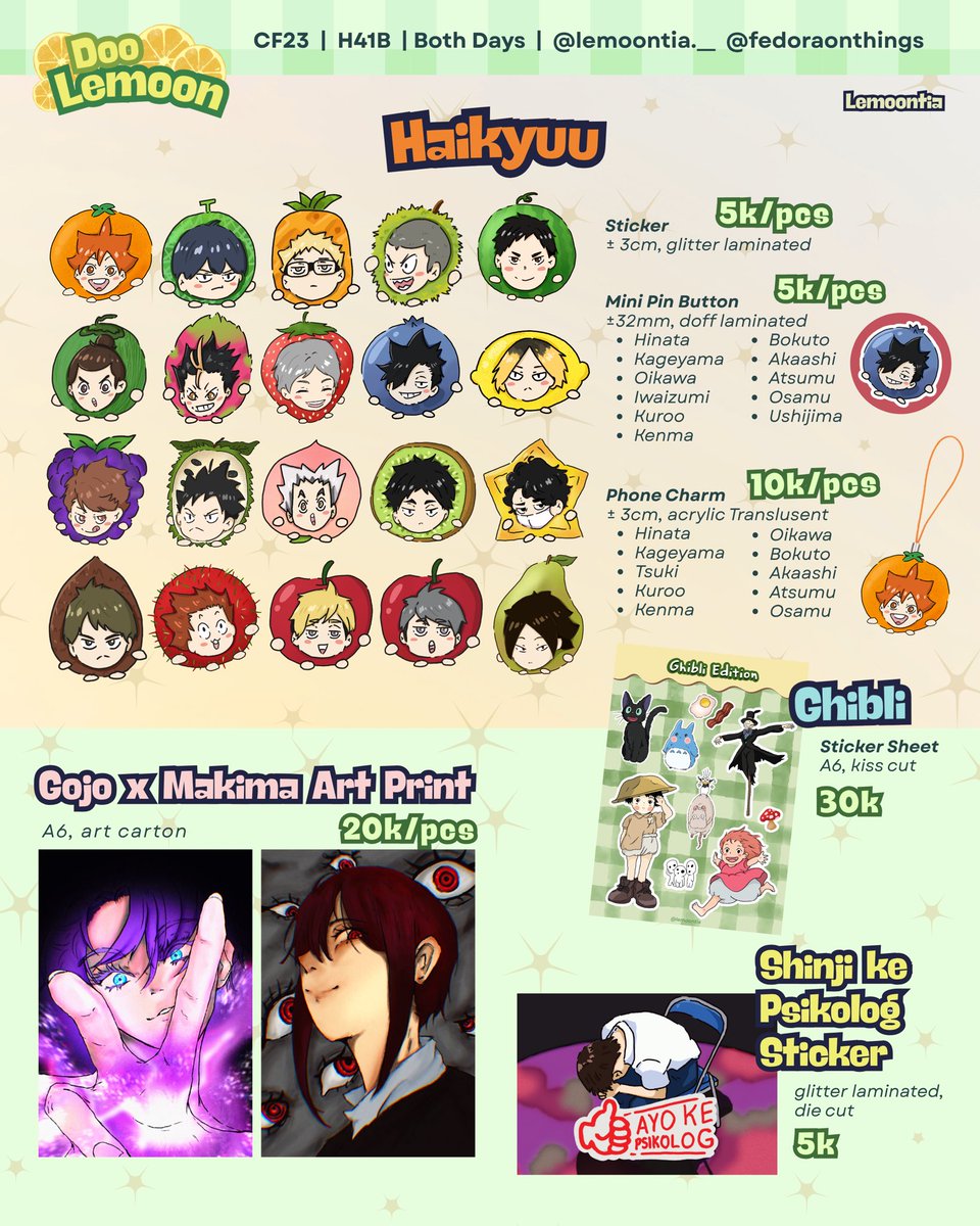 kaburamaroo's tweet photo. 🍋 Haikyuu, TADC (The Amazing Digital Circus), PHM (Project Hail Mary), Chainsaw Man (Makima), Ghibli, Evangelion (Shinji)

#Comifuro23 #CF23 
[CF Comifuro 23 Catalogue] https://t.co/xaep063IqZ