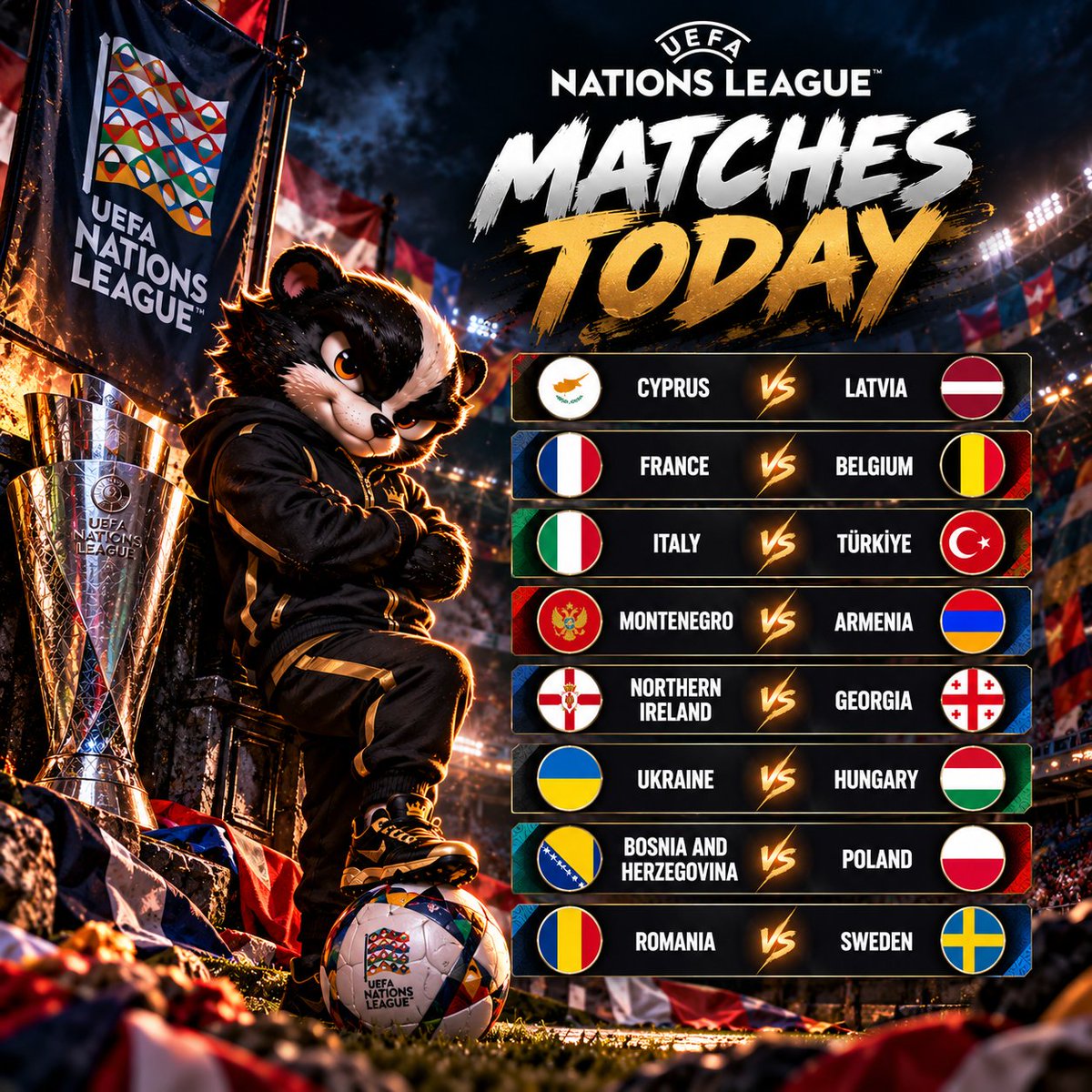 jasinoofficial's tweet photo. 🔥 NATIONS LEAGUE TODAY: 8 MATCHES, ONE HUGE NIGHT!

International football takes over today! 🌍⚽️ Eight matchups, sixteen nations and plenty of action ahead.

Which game are you watching, and who gets the biggest win of the day? 👀👇 https://t.co/V9oLXERu5T